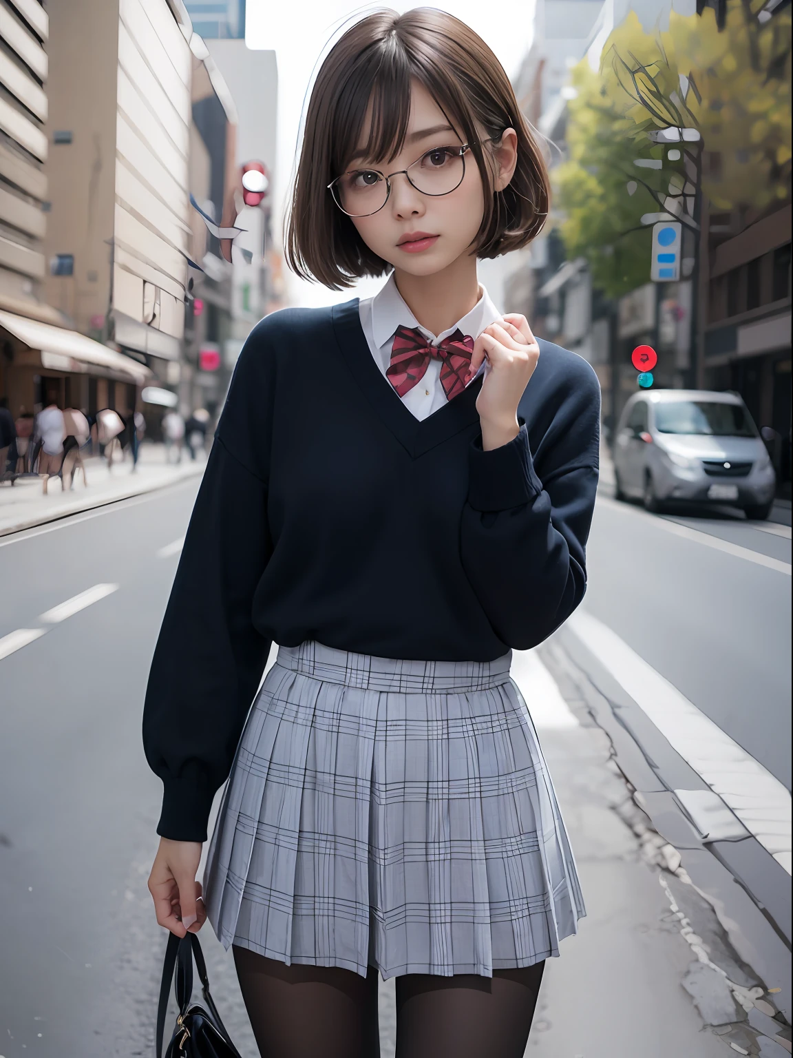 （8K、Raw photography、top-quality、​masterpiece：1.2),Black pantyhose,absurderes,a small face,small tits,flat breast,Parting the bangs from the middle、Forehead visible,(Tight eyes,Bullish,skinny,Rasping,irate)、​masterpiece,top-quality、超A high resolution,Raw photo,ren,Beautiful fece,One Person, 独奏,eye glass,,Dark look,Small breasts,fullllbody,Round glasses、cute little、A Japanese Lady,is standing,(Tight eyes,Bullish,skinny,Rasping,irate,small tits,flat breast)、（Photorealsitic：1.37）、Photon mapping,Light blue ribbon,Realistic、Cute little face,Brown-eyed、Black socks、(Red bow tie)、Radio City、Physically Based Rendering、Foreground、depth of fields、Blurry background、a picture,The girls、Body, Long legs, Thin leg,poneyTail,(Bangs are visible), hair, s lips, Blue_The eye, nosesoft,White shirt, Navy blue and white plaid pleated skirt, Knees are visible,Sheer clothing,, Thigh, Black cotton socks,Nogizaka Idol, 女優, Japanese ido