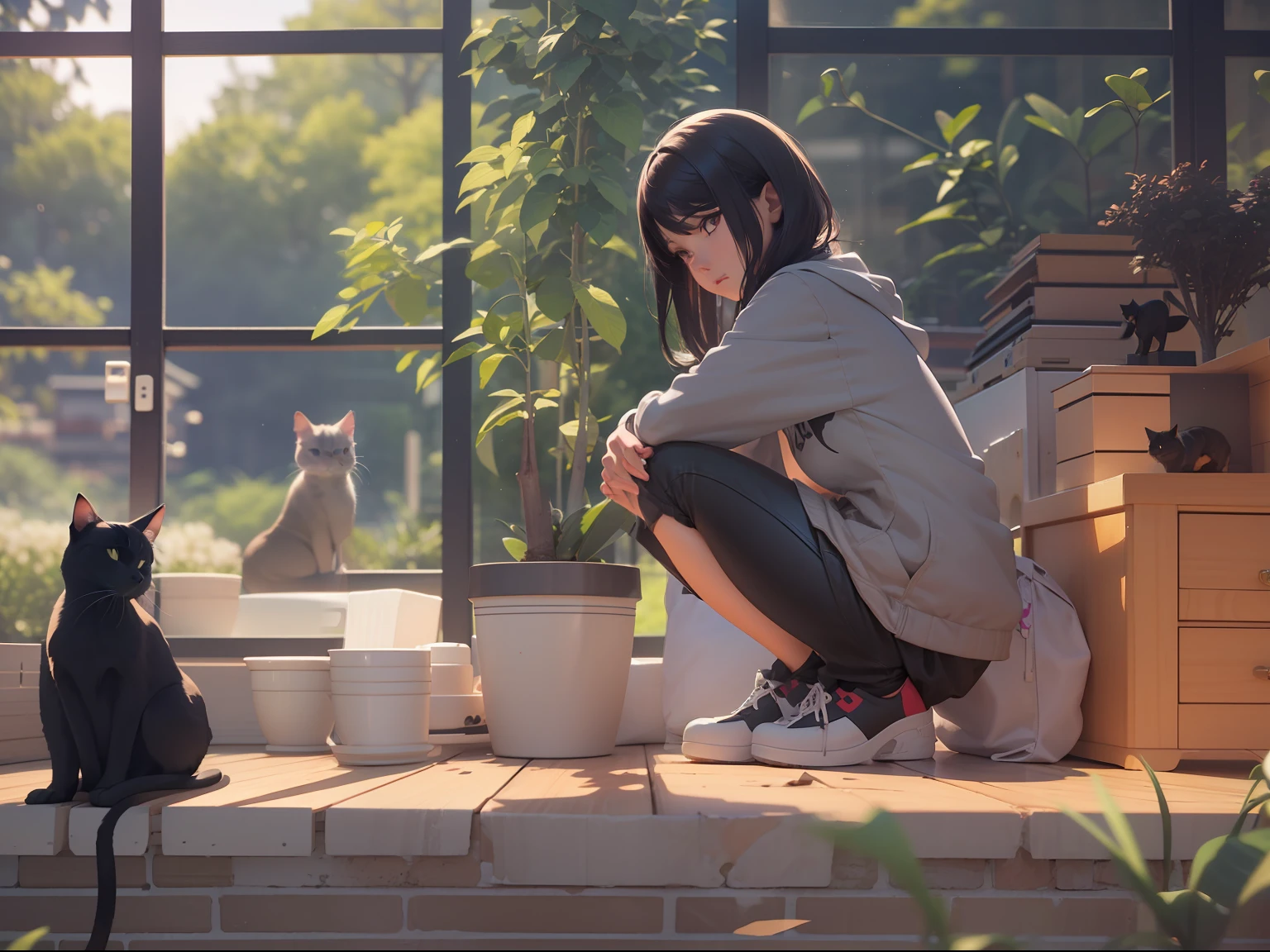 there is a woman kneeling down and petting a BLACK cat, realistic anime 3 d style, artwork in the style of guweiz, photorealistic anime, 3 d anime realistic, realistic anime style at pixiv, guweiz, anime 3 d art, guweiz and makoto shinkai, realistic anime cat, guweiz on pixiv artstation