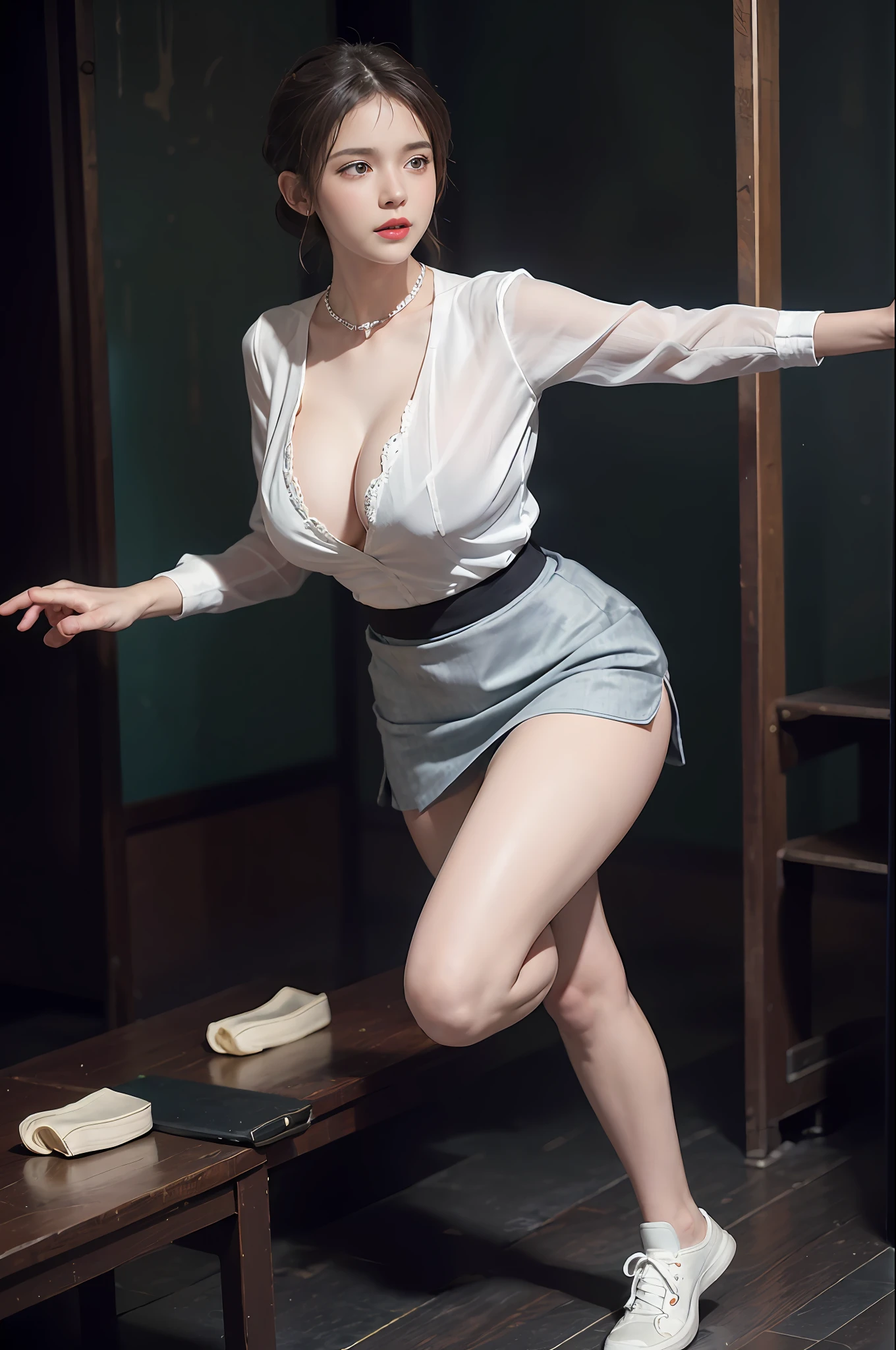 Surrealist women by David Hockney and Alphonse Mucha,Fantasyart,photographrealistic,动态照明,art stations,poster for,Volumetriclighting,Tall beauty,body high,Very detailed faces,4 k'',1girll,Stage,low tune,facial closeups,(Superskirt,short skirt,White sneakers,Very short skirt。cleavage:1.4), bob hair,Redlip,ssmile,low chest,deep v big breasts,huge tit,Raised sexy,Bigchest,Large breasts,Breast swelling,Raised chest,blackstockings,Breasts are plump,crisp breasts,A plump chest,the breasts are large,Seductive expressions,Wear earrings,wearing a choker,Wear a bracelet,The stands up,standing on your feet,long leges,blackstockings,Wet all over,Moisturizes the whole body,huge tit,Red lips,stocklings,gigantic cleavage breasts,black lence stockings,slenderlegs,Hot dance,ballet dance,full bodyesbian,beautifullegs,Dance,gracefulness,soft,softness,Noble,Rich