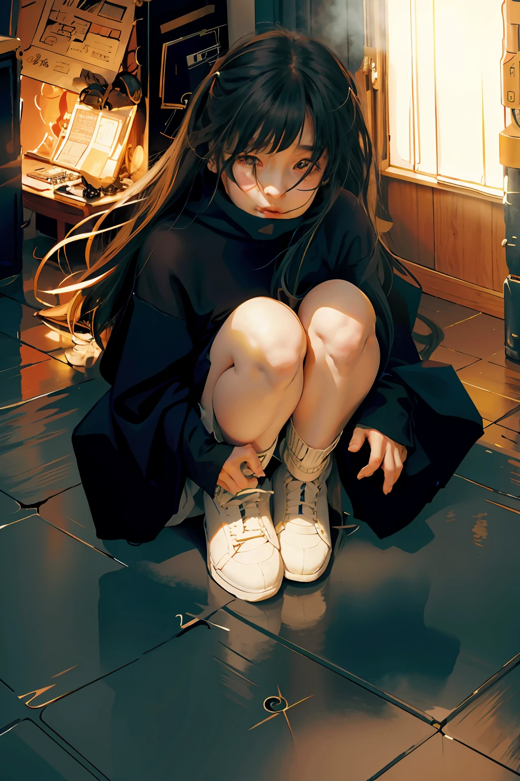 Anime girl kneeling on the ground,legs crossed, the anime girl is crouching, beautiful anime girl crouching, author:New Art, author:Hosomura Kane, anime moe art style, zerochan, anime visual of a cute girl, author:Middle Bokuhn, zerochan art, in an anime style, sat on the ground