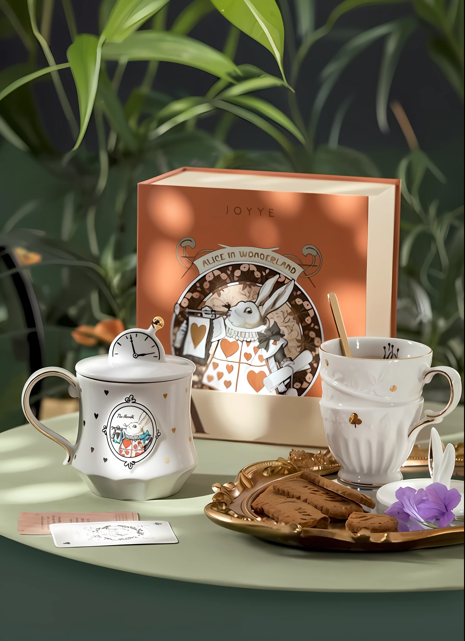 There are two cups and a plate on the table,There are cookies inside, exploitable image, engalnd porcelain tea set, alice in wonderland theme, detailled image, Alice attends a crazy tea party, Alice, Cheshire cat drinking tea, 《Alice in Wonderland》of the subject,