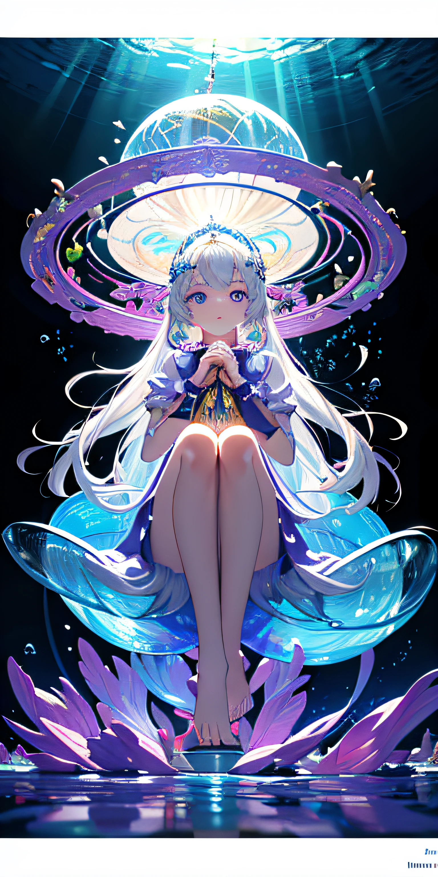 [(Transparent background:1.5)::5],(((Masterpiece))),(((Best quality))),(((Extremely detailed))),illustration, 1girll,Solo,mysterious,vivd colour,Shiny, Underwater transparent sealed hemispherical glass dome, (White hair),(Purple eyes), full bodyesbian,Barefoot,Long hair tranquility nature, Koi,Underwater, Dome,Close up,Dynamic actions,Lens perspective,(((Box composition))),sitting cross-legged，Leaning against the bookshelf, voluminetric lighting, multi colored eyes, Detailed eyes, ultra - detailed,Light smile, Highly detailed, Beautiful, small detailed, Ultra detailed, Best quality, Intricate, 4K, 8K, trending on artstationh, Good anatomy, Beautiful lighting, Award-winning,seminude