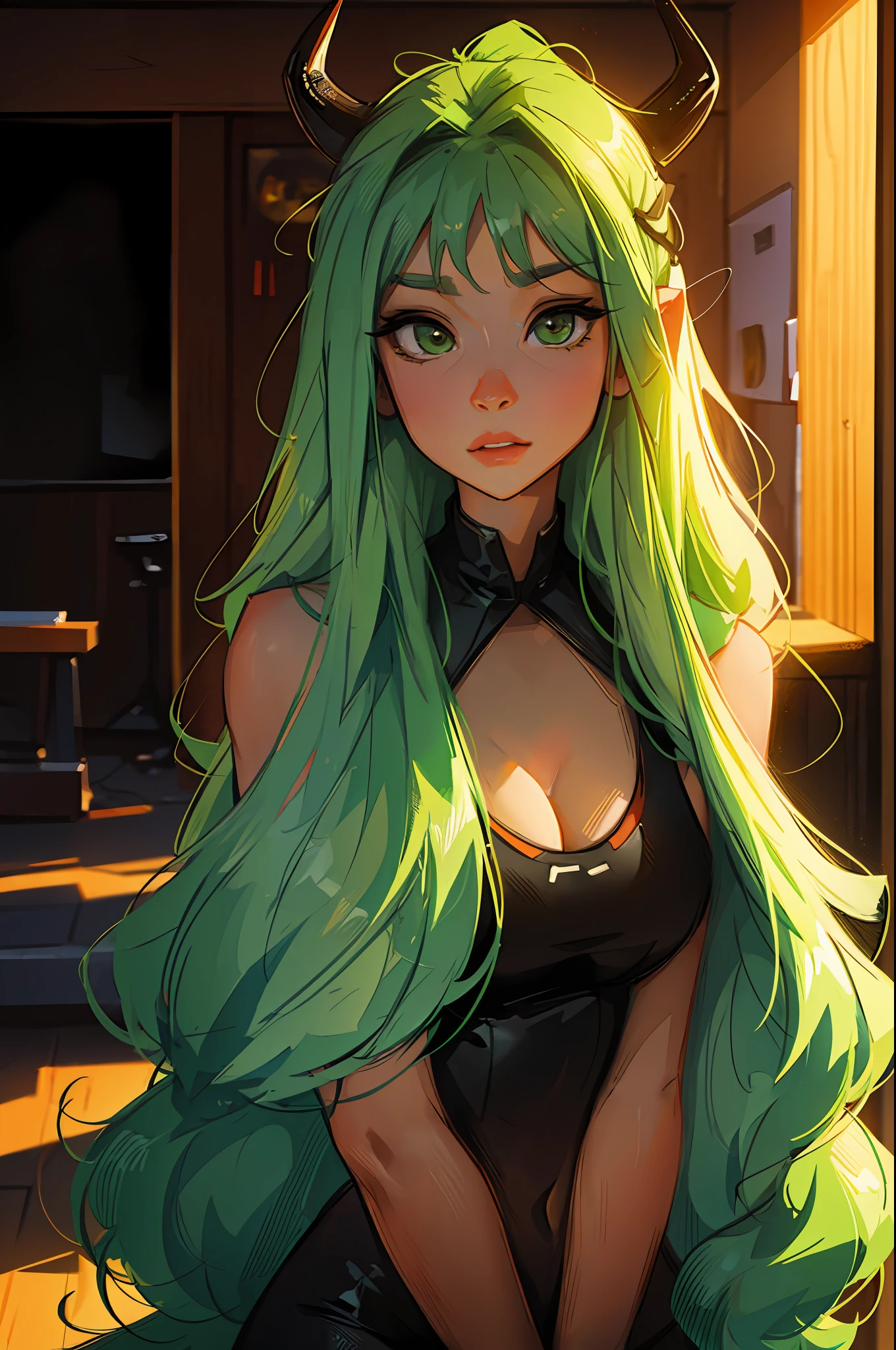 long simple horns, long lime green hair, 1girl, dslr, 4k, 8k, textured skin, background