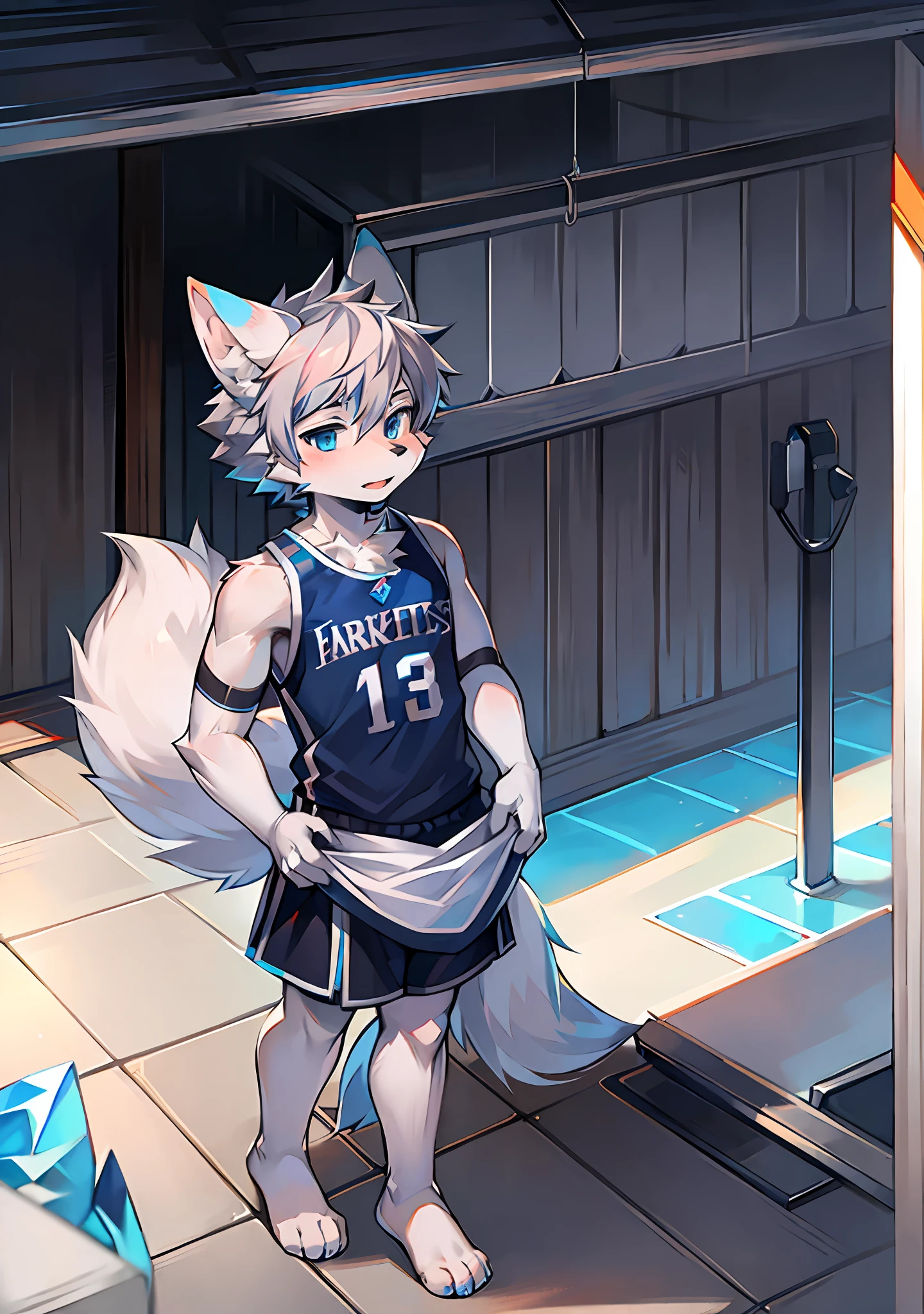 Furry,Wolf boy,White fur,crystal blue eyes,Single fluffy tail,greyt hair,short detailed hair,wearing basketball outfit