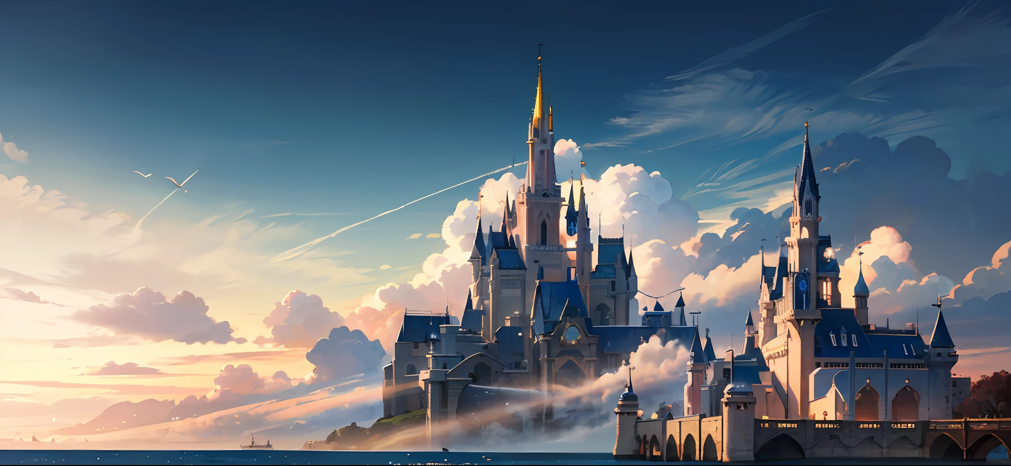 **a romantic fantasy landscape. allow copy space in the center, banner, pastel palette, peach and pastel yellow palette, luminous, disney animated style, art nouveau --auto --s2