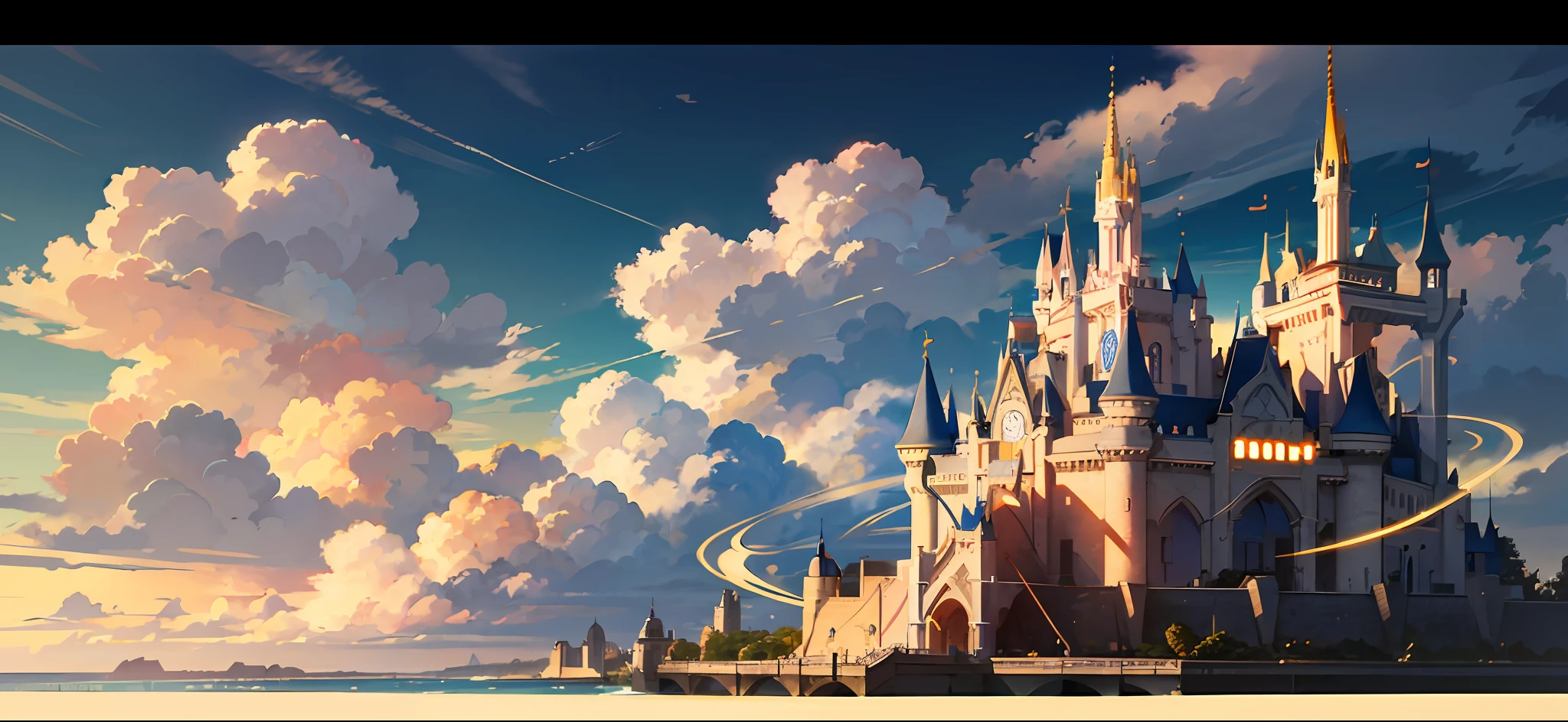 **a romantic fantasy landscape. allow copy space in the center, banner, pastel palette, peach and pastel yellow palette, luminous, disney animated style, art nouveau --auto --s2