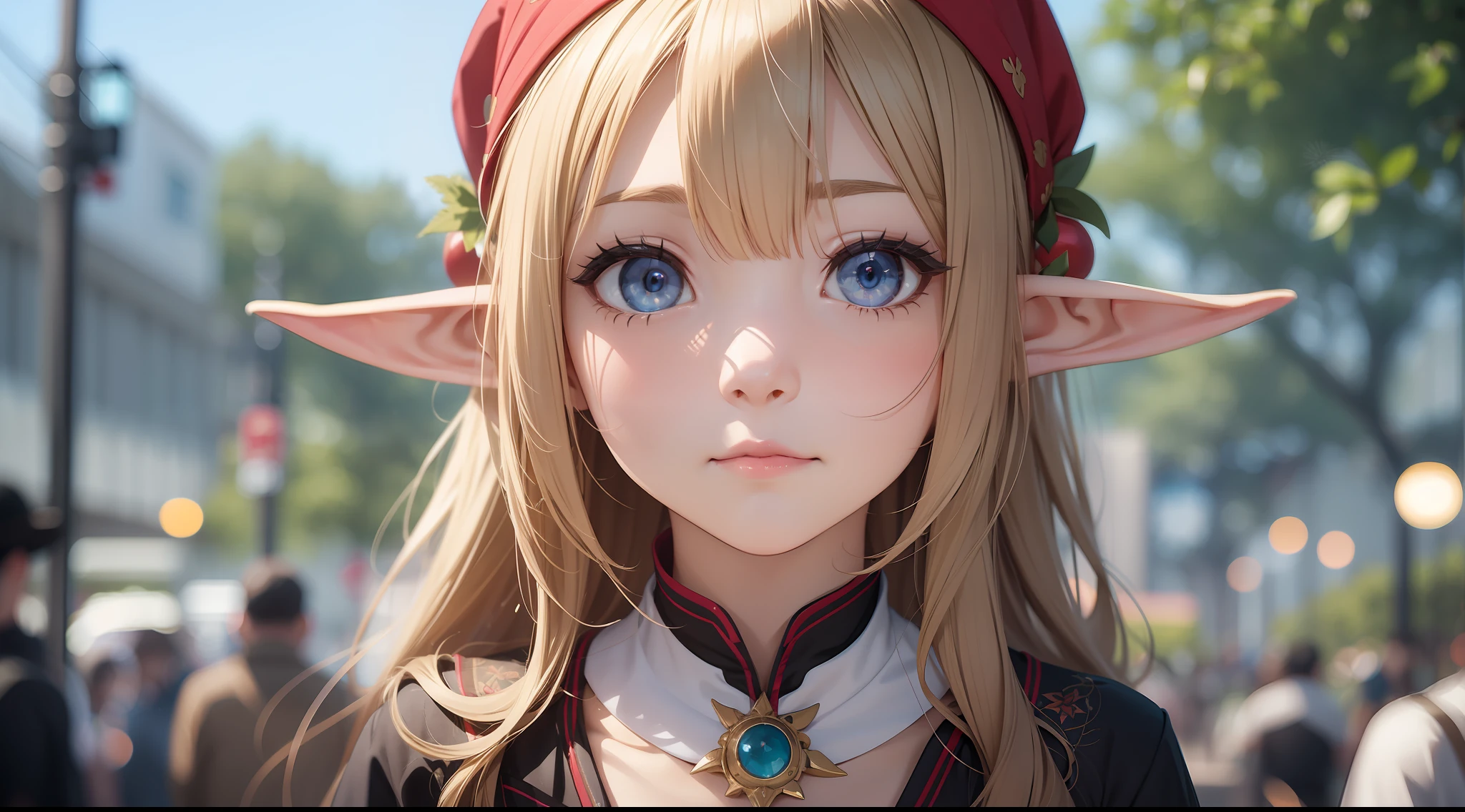 An elf girl's daily life is depicted in a longshot, her kawaii features standing out in the crowd.