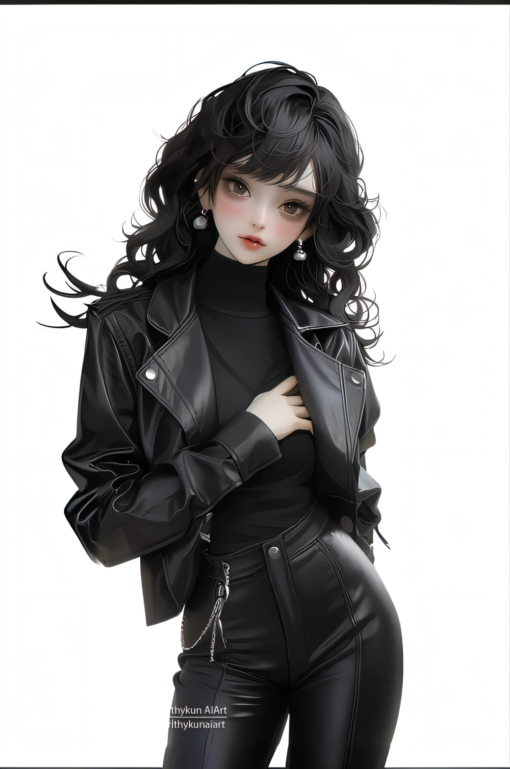 Close-up of a woman in a black leather jacket and pants, very aesthetic leather jacket, wearing cyberpunk leather jacket, goth aesthetic, realistic art style, goth girl aesthetic, Leather clothes, sensual gloomy style, all black cyberpunk clothes, Leather, seductive cyberpunk dark fantasy, Realistic art style, Gothic aesthetics, jet black haired cyberpunk girl, leather outfit, cruel korean goth girl
