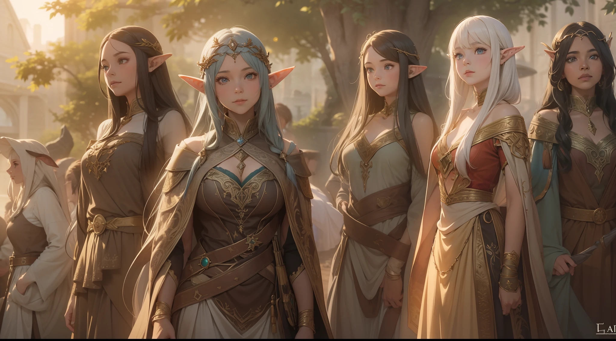 The daily life of an elven girl is depicted in a long shot, Her pretty traits stand out in the crowd.