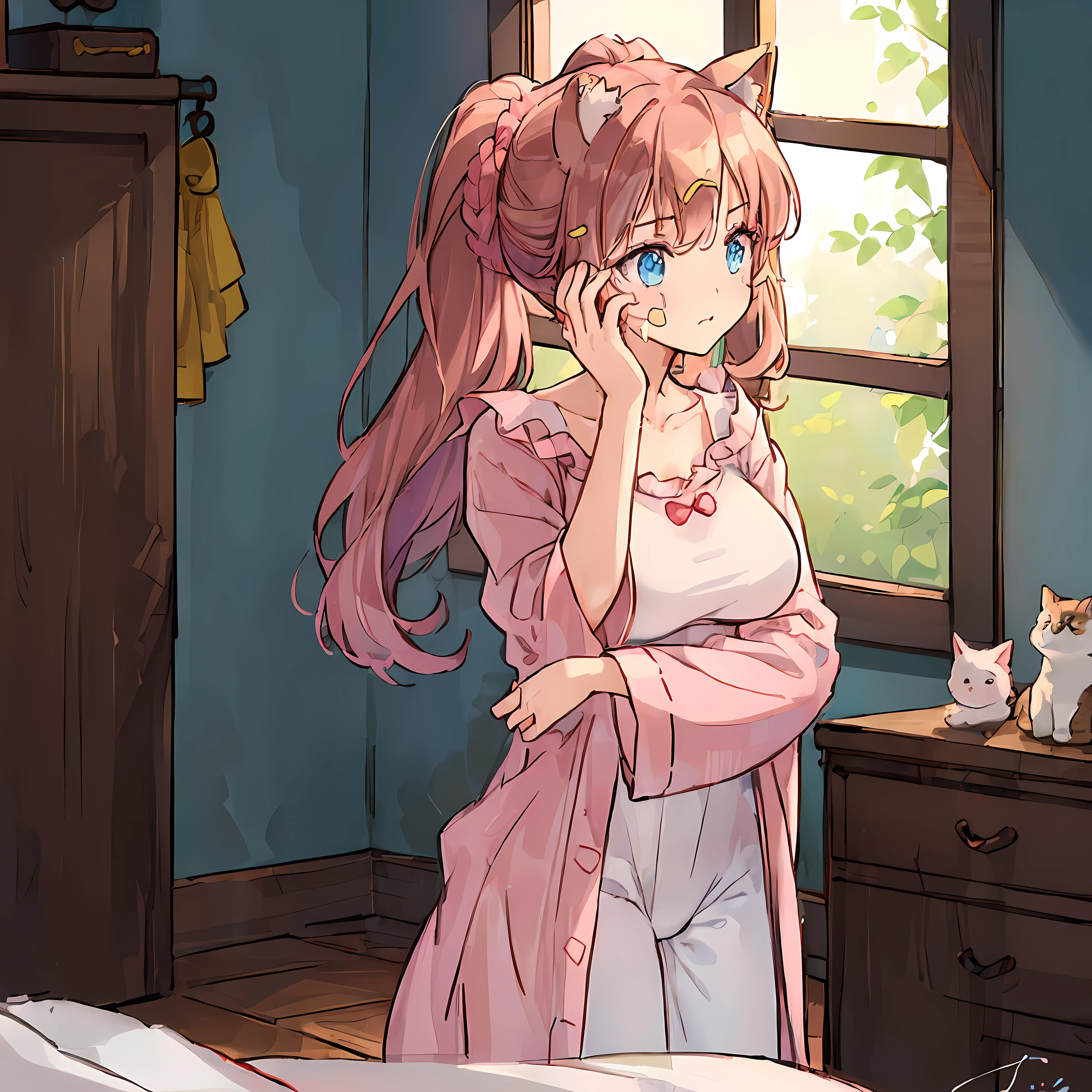 (Scribble on the face:1.8),(Highly detailed CG Unity 8k wallpaper), (Best Quality), (Super Detail), (Best Illustration), (Best Shadow), POV, Realistic lighting and shading, Natural light, Lens flare effect, BREAK, 1 beautiful girl, Solo,(Cute:1.5),(Chibi:0.8), (kawaii:1.5),(Lori:0.5), BREAK, ( ( girl), Very detailed, colourfull, highest details, BREAK, (Huge breasts: 1. 2,), Clear skin, Beautiful skin, Shy skin, 1 beautiful girl, Brown hair, (Cat ears, Ponytail, medium-Long hair: 1. 2), (Light blue eyes, long eyelashes, Double eyelids: 1. 2), Solo, gleaming skin, BREAK, (Turning red:1.2), (She has her hair tied in a bun.:1.0), (Barefoot with colorful nails:1.0), (Pink Berry Wrap,Pajamas for girls:1.2), (pink scrunchie:1.0), (star-shaped earring:1.1), (Lace headband:1.0), (Cute Accessories:1.3), BREAK,(Angle from the back,Washstand,Standing in front of a mirror:1.1), (twogirls:1.1), Standing ,(irritated,I'm stepping on the ground,Face to face:1.2) Through the mirror, (hands on one's face:1.2), Large full-length lens, (specular reflection),