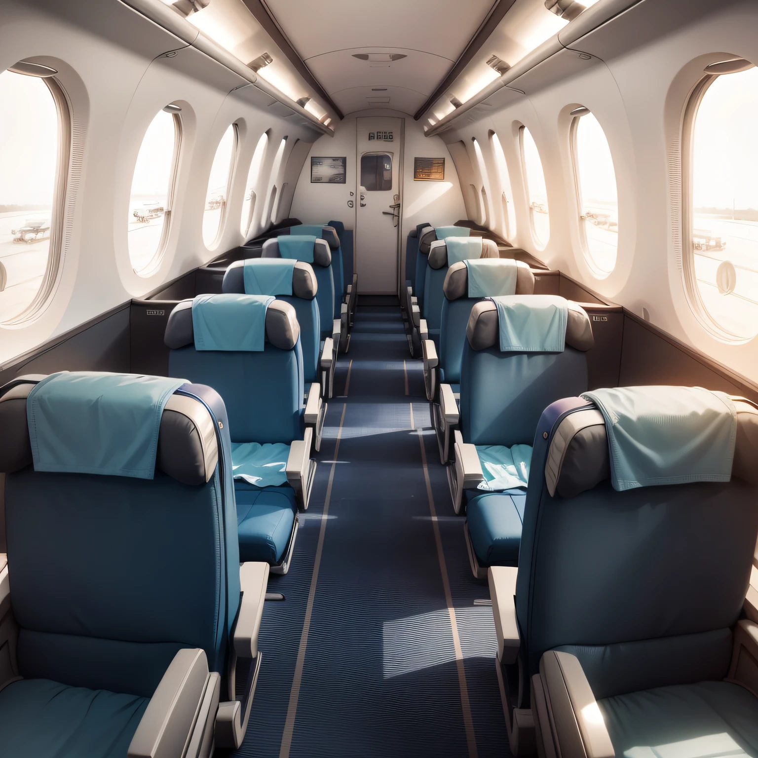 There are four seats on the plane，The windows are open, inside airplane, Boeing 737 cabin, high detail airplane cabin, Aircraft cabin interior，Portholes included，seat，Baggage compartment, simplebackground, White background, Mono Color, Line drawings, ((sketch)