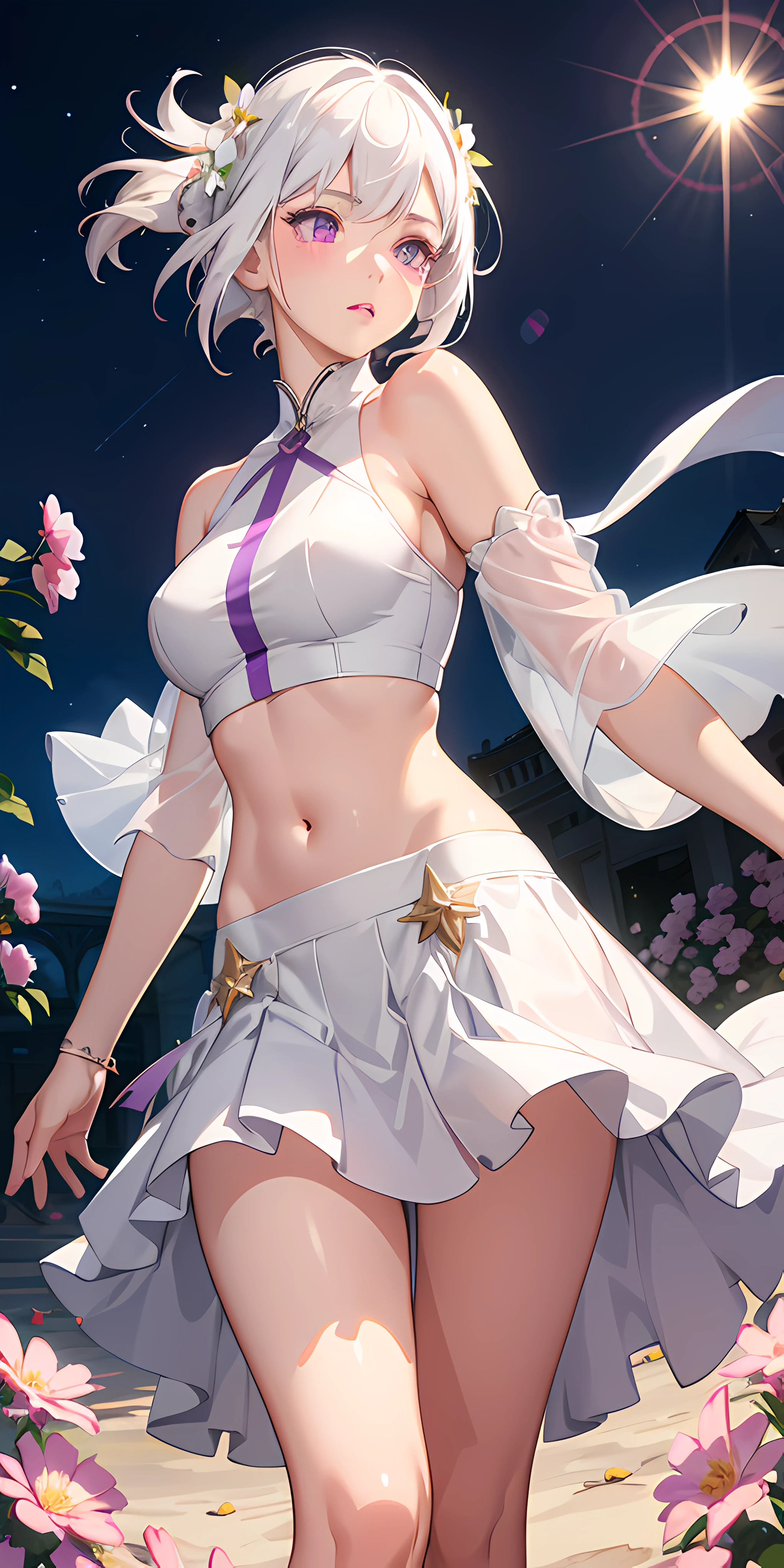 realistic, 1girl, white hair, purple eyes, glowing eyes, crop top, skirt, parted lips, blush, night, flowers, sun, sunlight,