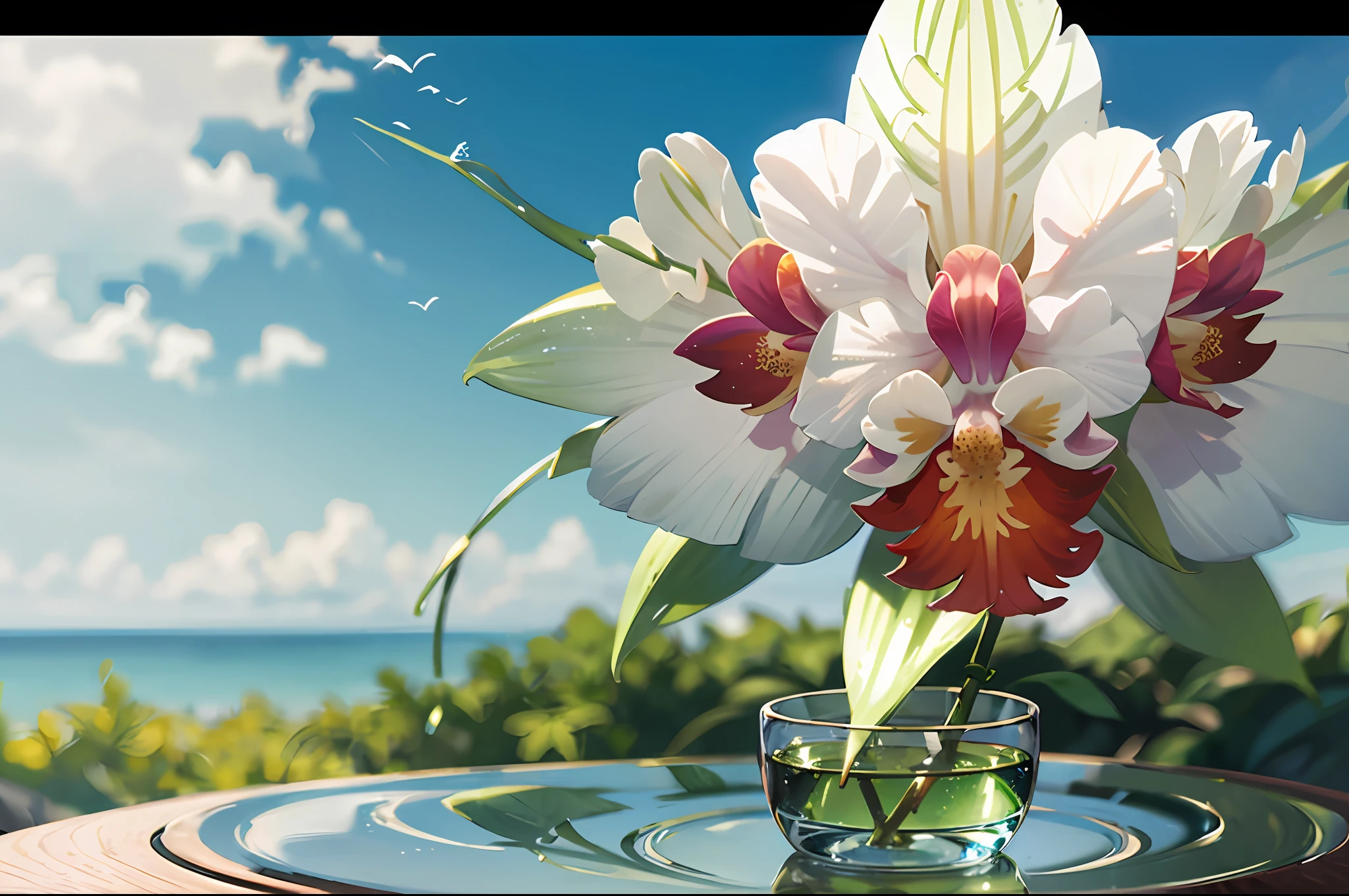 a hyper-realistic 8K UHD photograph of an orchid on top of a glass table that is in the outdoor garden on a beautiful sunny day and blue skies --auto --s2