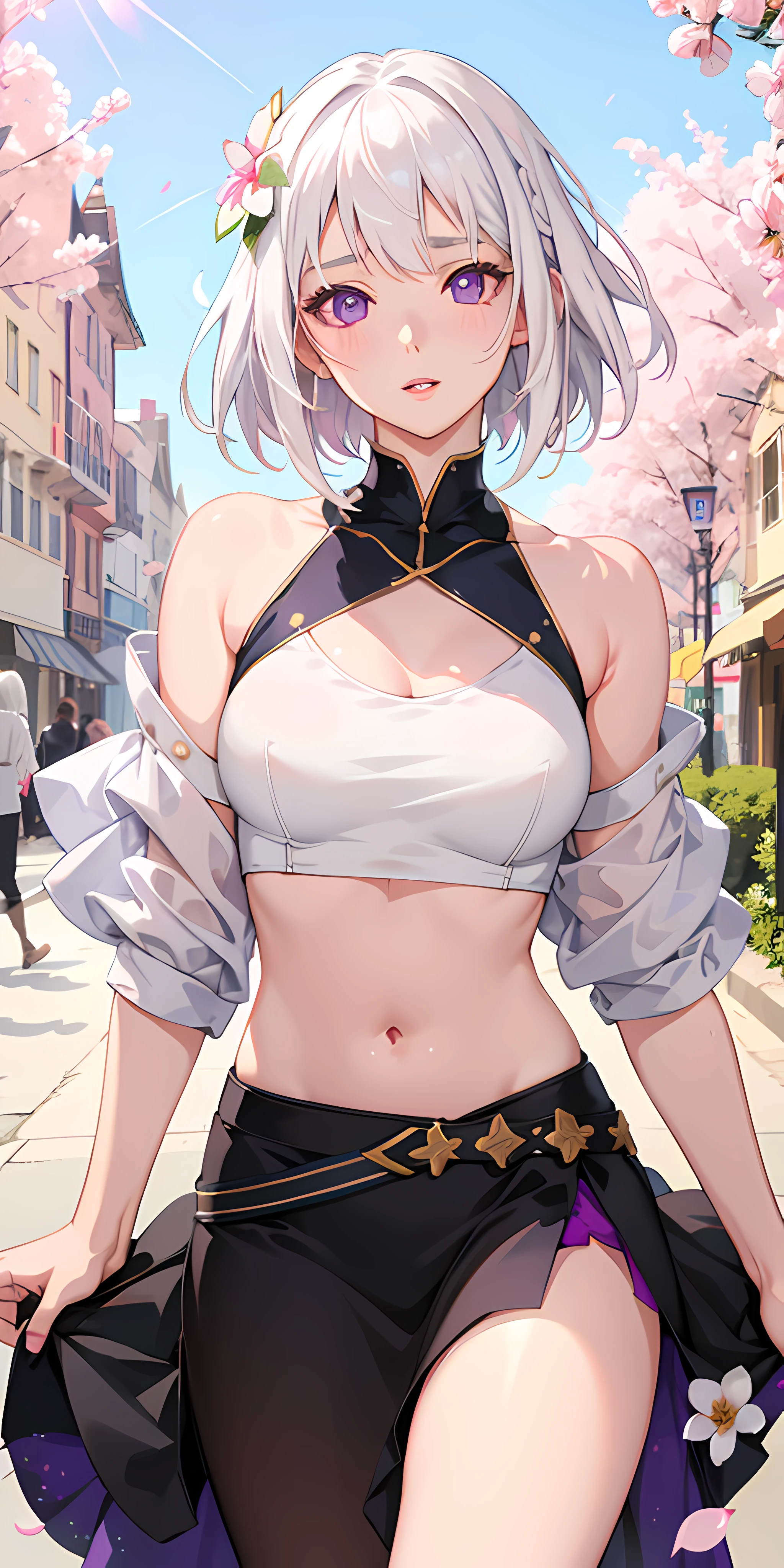 realistic, 1girl, white hair, purple eyes, glowing eyes, crop top, skirt, parted lips, blush, night, flowers, sun, sunlight,