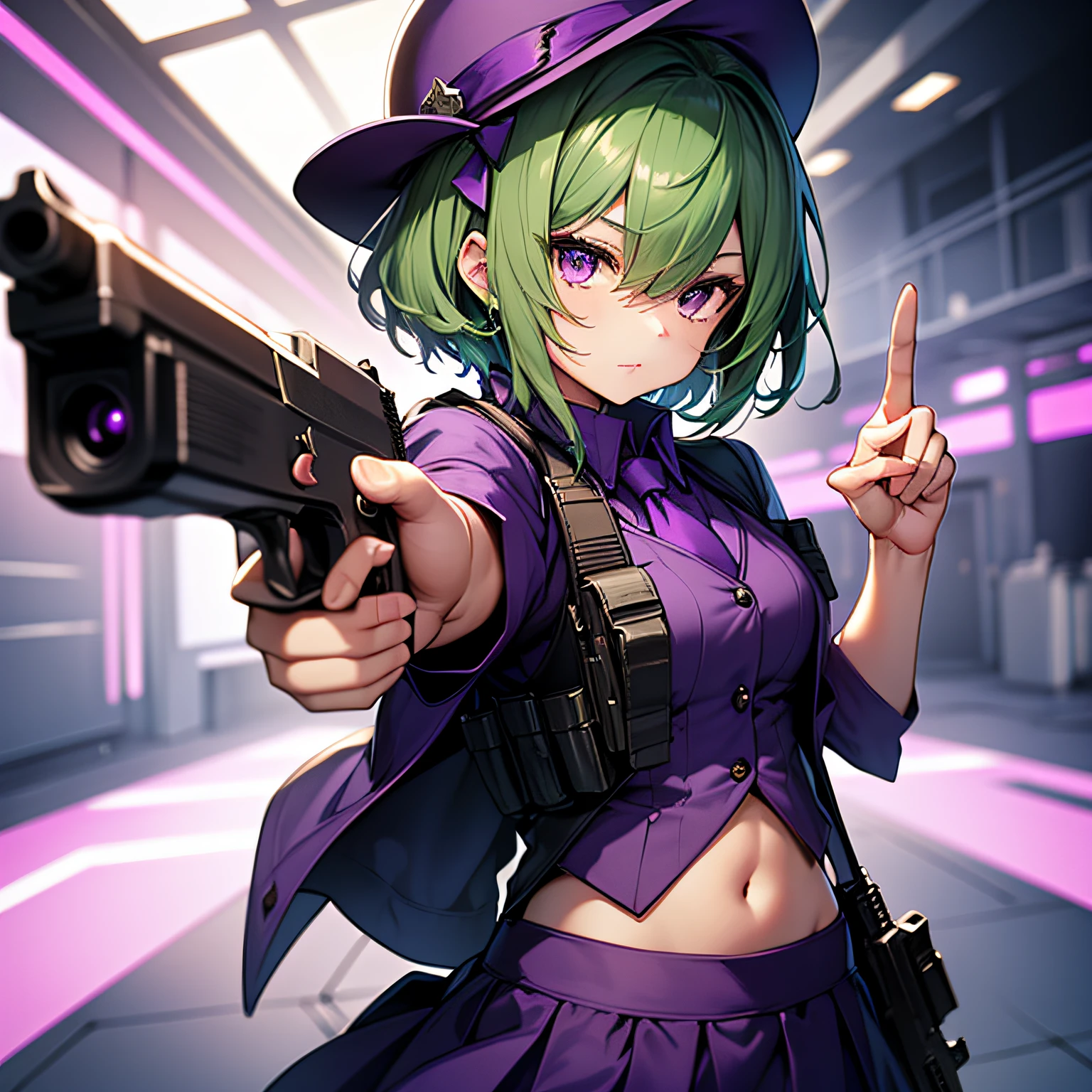 top-quality、extremely delicate and beautiful、(A teenage girl)、Purple Eye、Green hair、short-haired、(Purple pointy hat)、Purple tie、Soio、shortsleeves、Purple skirt、Navel,Tactical Vest、shortsleeves、Purple skirt、(Holding a pistol in his right hand)、((Pointing the gun to the front))