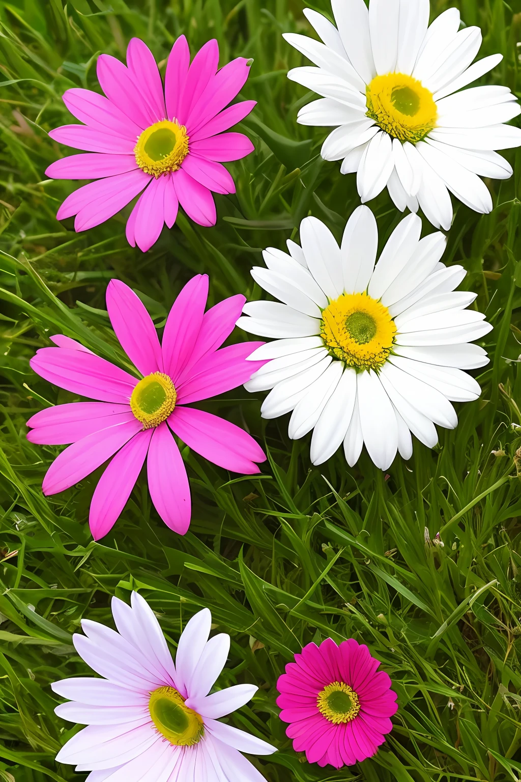 Daisy flowers, white, pink, background green grass, soft light --ar 1620:2880 --s 750 --v 5.2 --c 40 --style raw