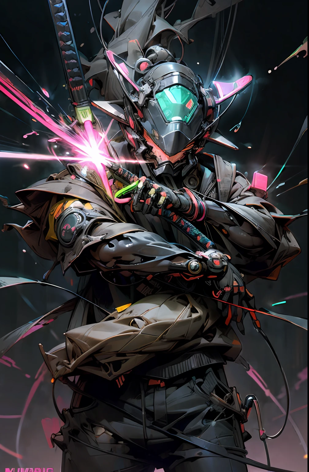 (destroyed body:1.6)、helmets、gas masks、(Opening Mouth:1.5)、(Neon liquid squirting:1.5)、(neon wiring:1.2)、(Samurai costume:1.3)、Poses、Irridescent color、cyberpunked、1man、Mechanical Marvel、droid