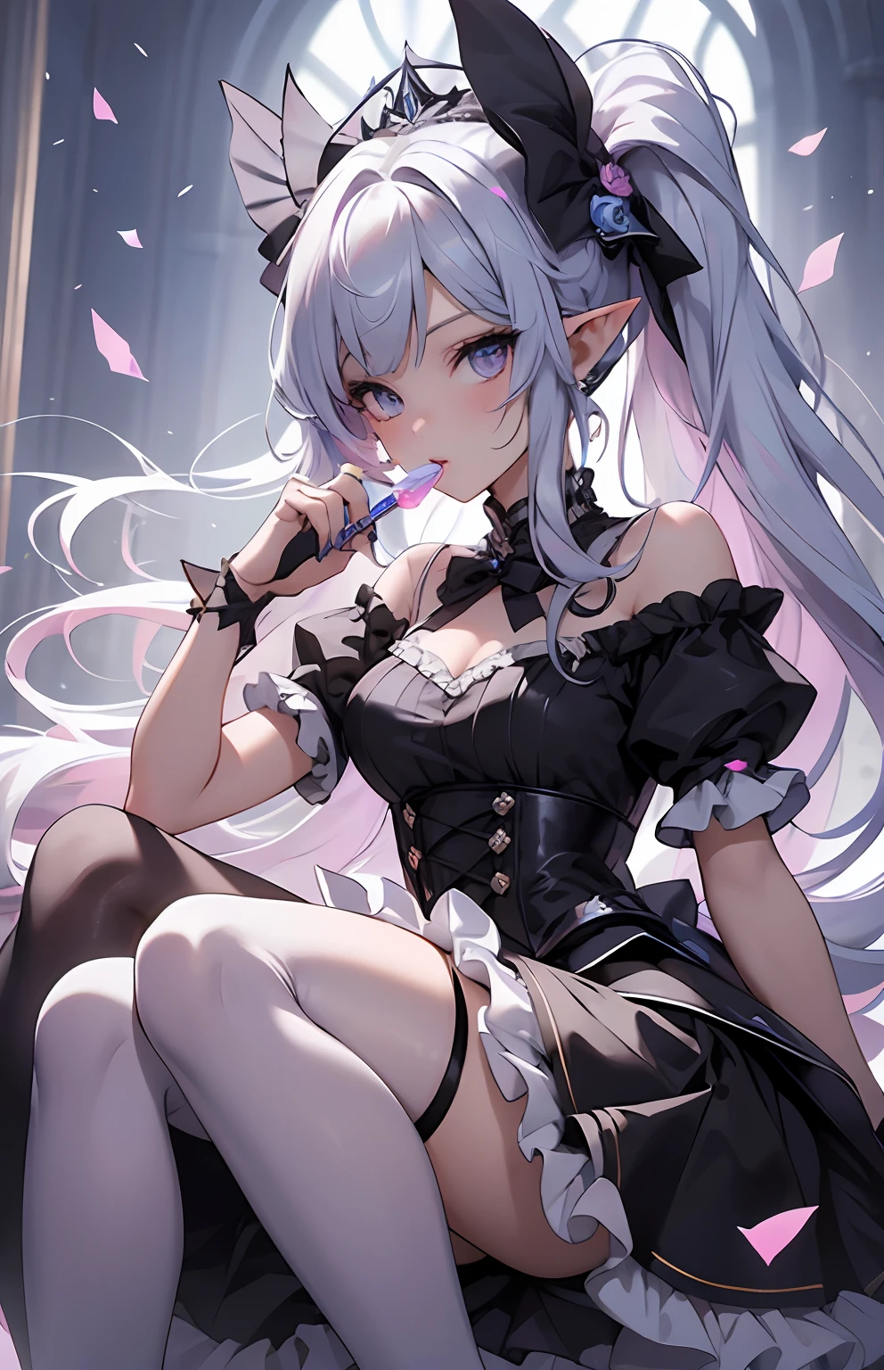 best qualityer,tmasterpiece,Ultimate resolution,downy,Extremely colorful,Colorful,Elven girl,Well-behaved and cute,Eat lollipops,full bodyesbian,Black and white double ponytail,Lolita long dress, Long legs with two white stockings,Muffin shoes,closeup of face
