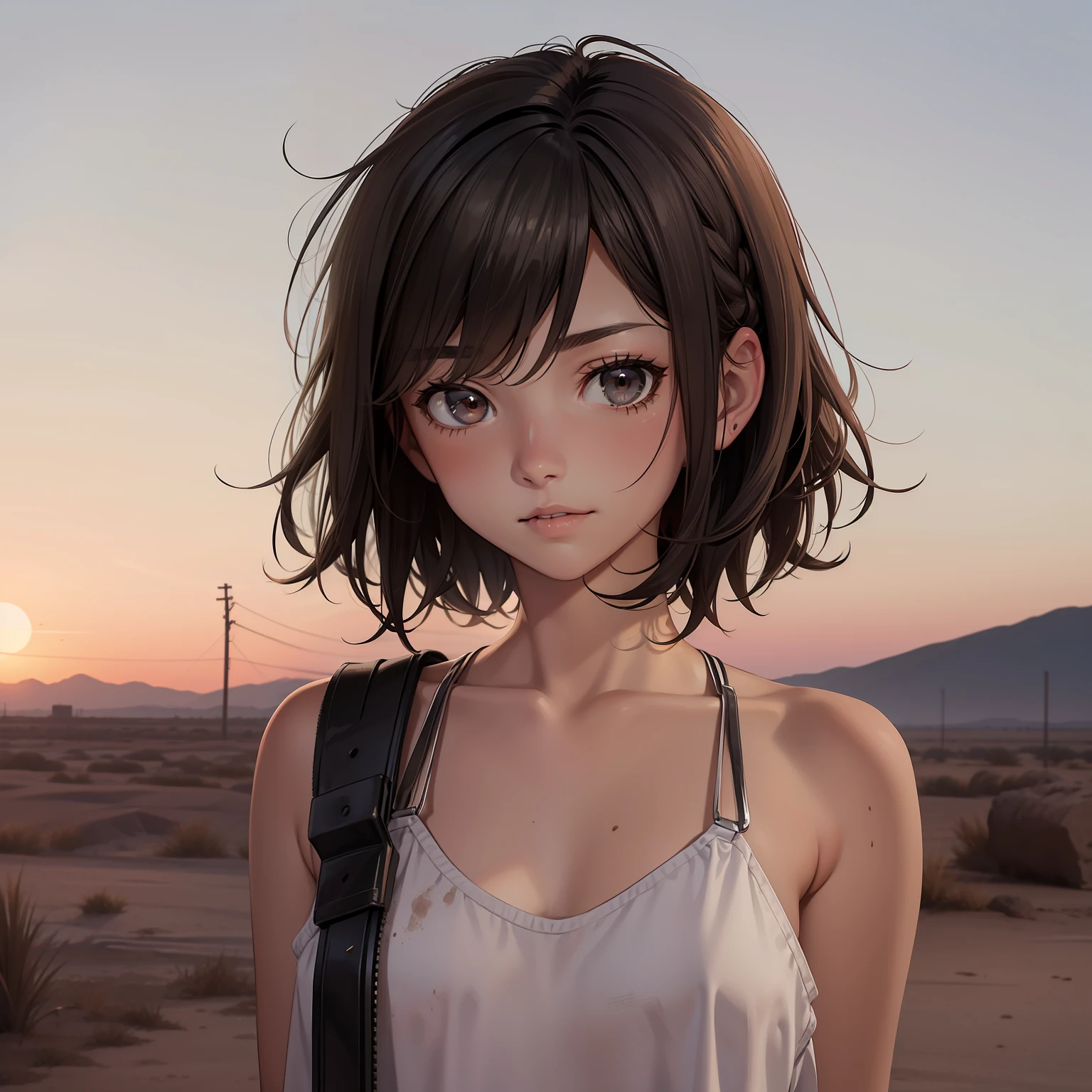 Wasteland wind，stray，teens girl，ar old，e drawn and pale，short detailed hair，messy  hair，Brown hair，flirty，down and out，emaciated，Raised sexy，