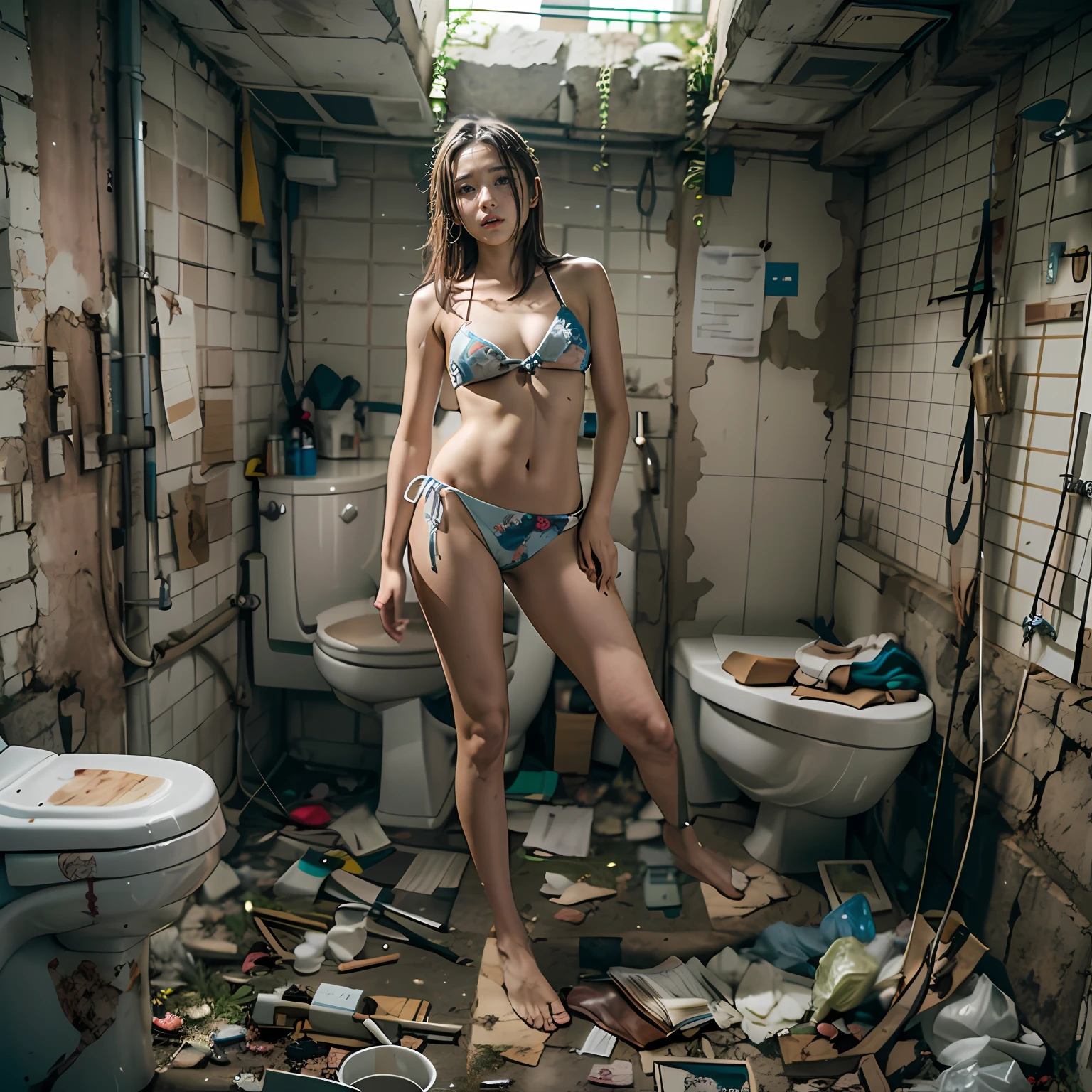 abandoned toilet,sexyposture,Garbage all over the ground,grimy,Dilapidated,Devastated,Light transparent bikini,best qualtiy,full-body portraits(1:1),delicated face,18 years old girls,lean and slender body,Skinny,Smaller bust,The barefoot,junk,exhibitionism,exhibitionists,no clothes are worn,don't have clothes