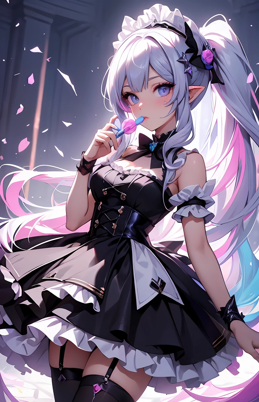 best qualityer，tmasterpiece，Ultimate resolution，downy，Extremely colorful，Colorful，Elven girl，Well-behaved and cute，Eat lollipops，full bodyesbian，Black and white double ponytail，****ta long dress， Long legs with two white stockings，Muffin shoes，closeup of face