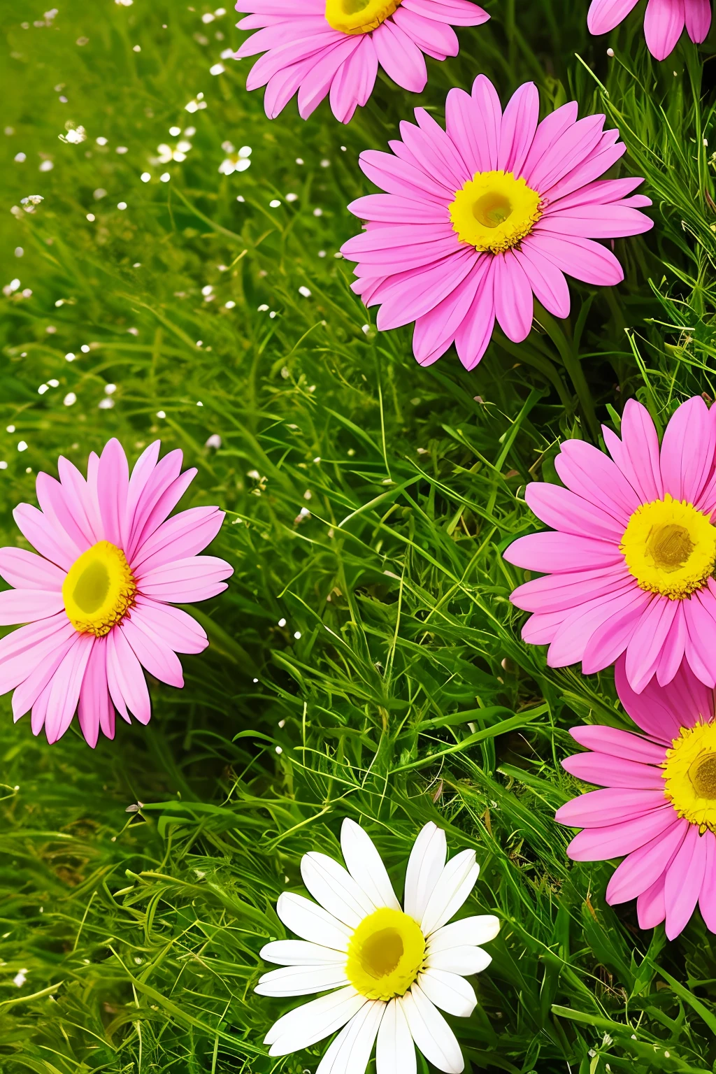 Daisy flowers, white, pink, background green grass, soft light --ar 1620:2880 --s 750 --v 5.2 --c 40 --style raw