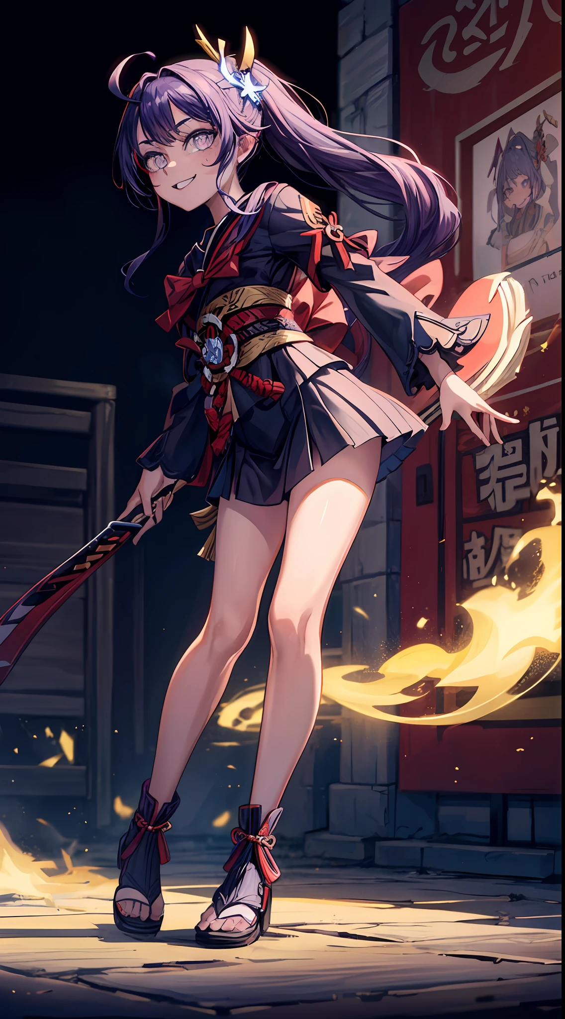 (add_detail:1), (child body:1.3), Raiden Shogun \(genshin impact\), looking at viewer, purple hair, pink pupils, (masterpiece, best quality:1.2), (solo), (1girl), best quality, (photorealistic:1.4),ultra detailed, solo, (full body:1.5), standing, love in eyes, double ponytail, blushing, cute, smile, school uniform, long sleeves, miniskirt