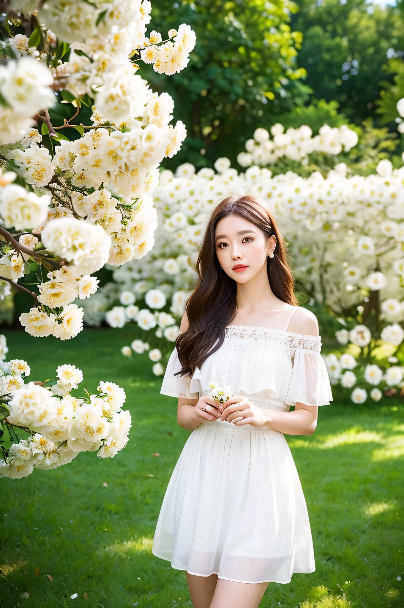 (top-quality、​masterpiece:1.2)、(White flowers confused in background and panoramic view:1.3)、Bokeh in the background、Beautiful fece２１Year Beauty、portlate、White Dress、outside of house、Diffusion of light