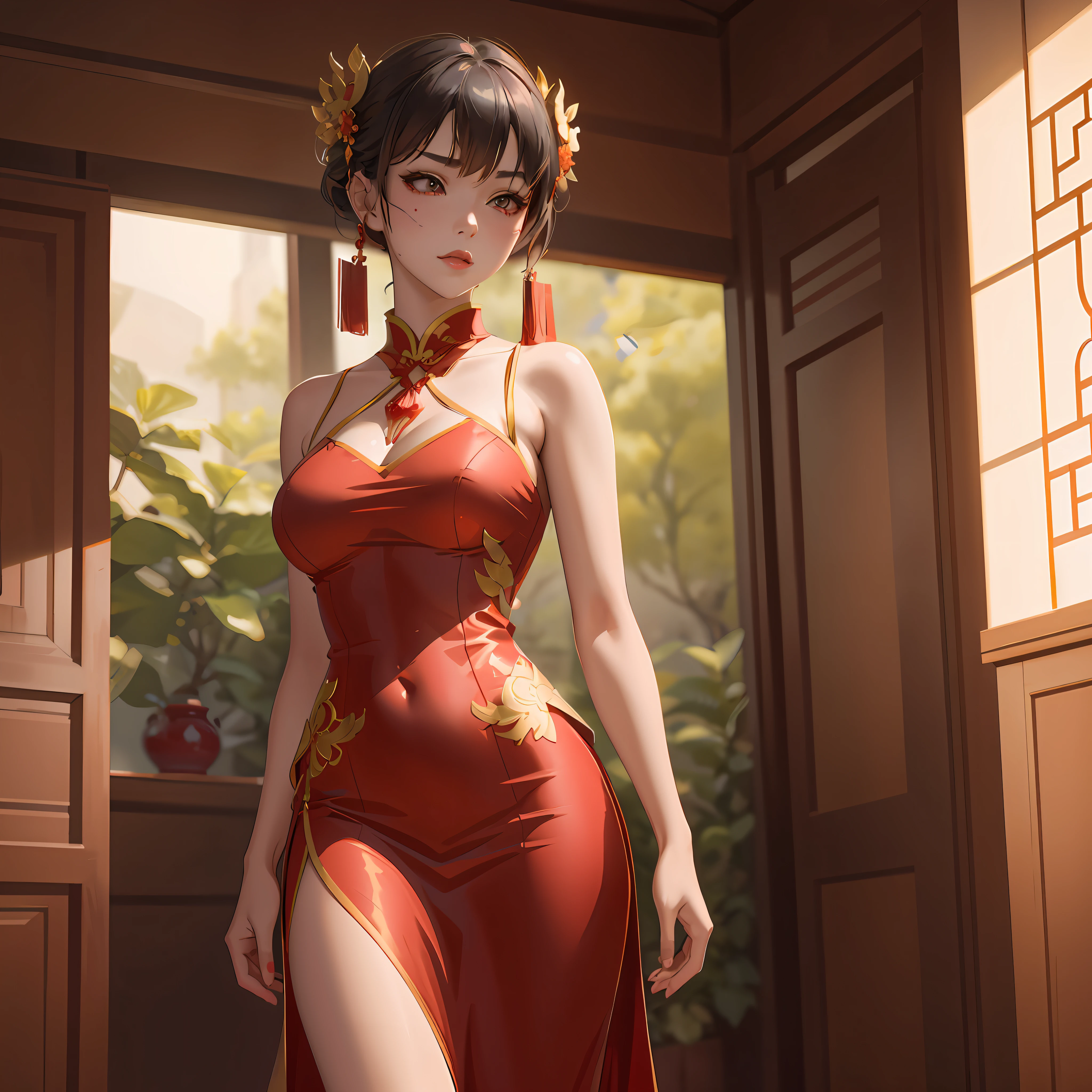 there is a woman in a red dress posing for a picture, trending on cgstation, artwork in the style of guweiz, guweiz, by Yang J, smooth digital concept art, extremely detailed artgerm, cheongsam, wearing a red cheongsam, fanart best artstation, ig model | artgerm, trending at cgstation