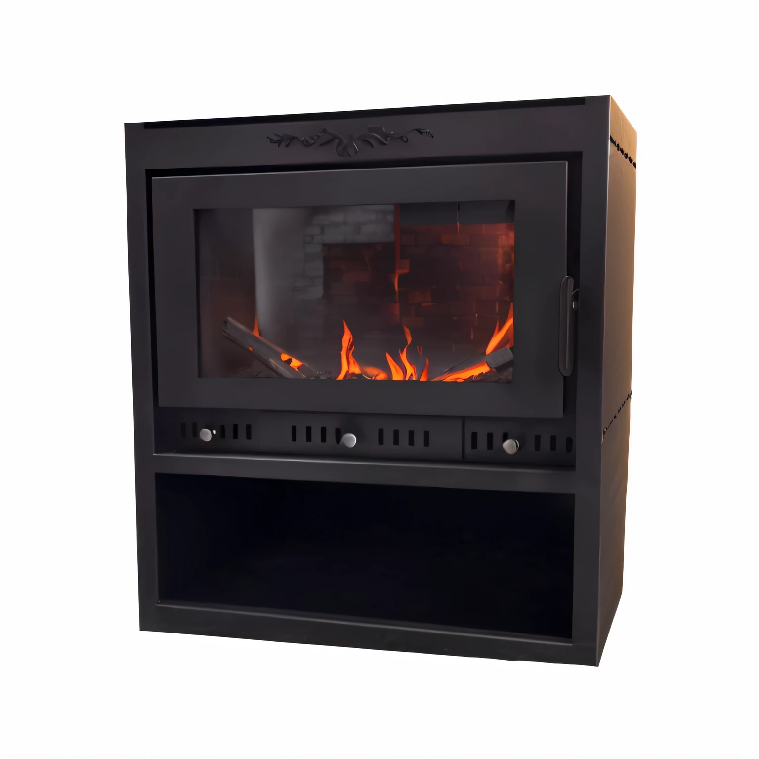Simple and atmospheric fireplace,Black metal housing,hd render,There is texture,Bright light
