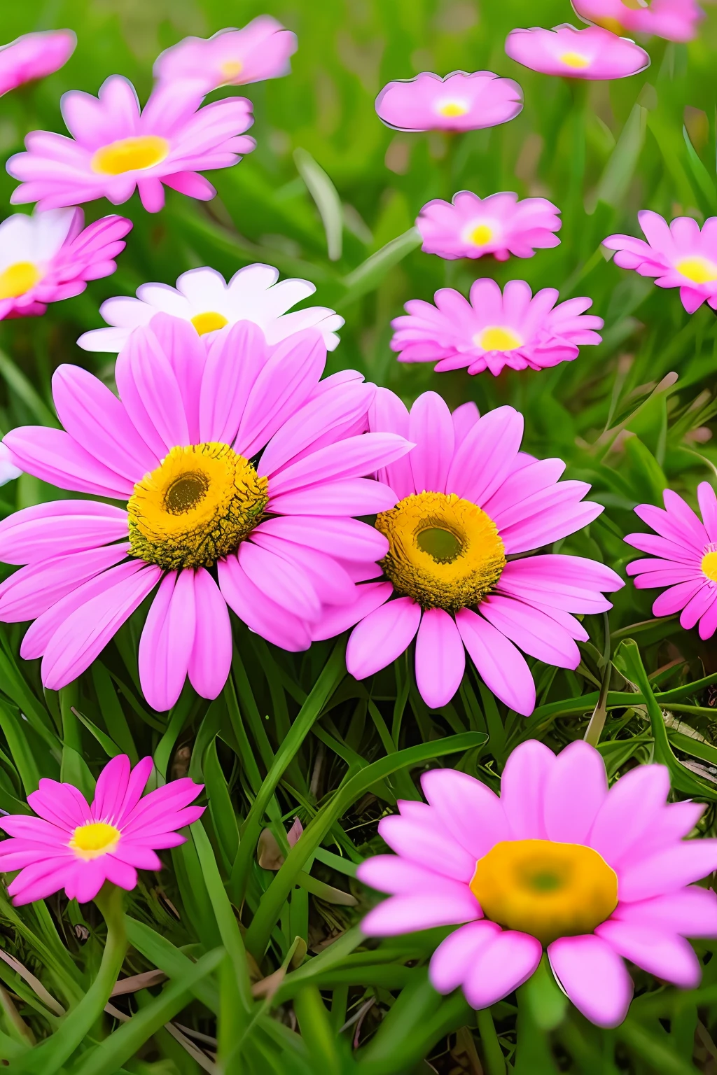 Daisy flowers, white, pink, background green grass, soft light --ar 1620:2880 --s 750 --v 5.2 --c 40 --style raw