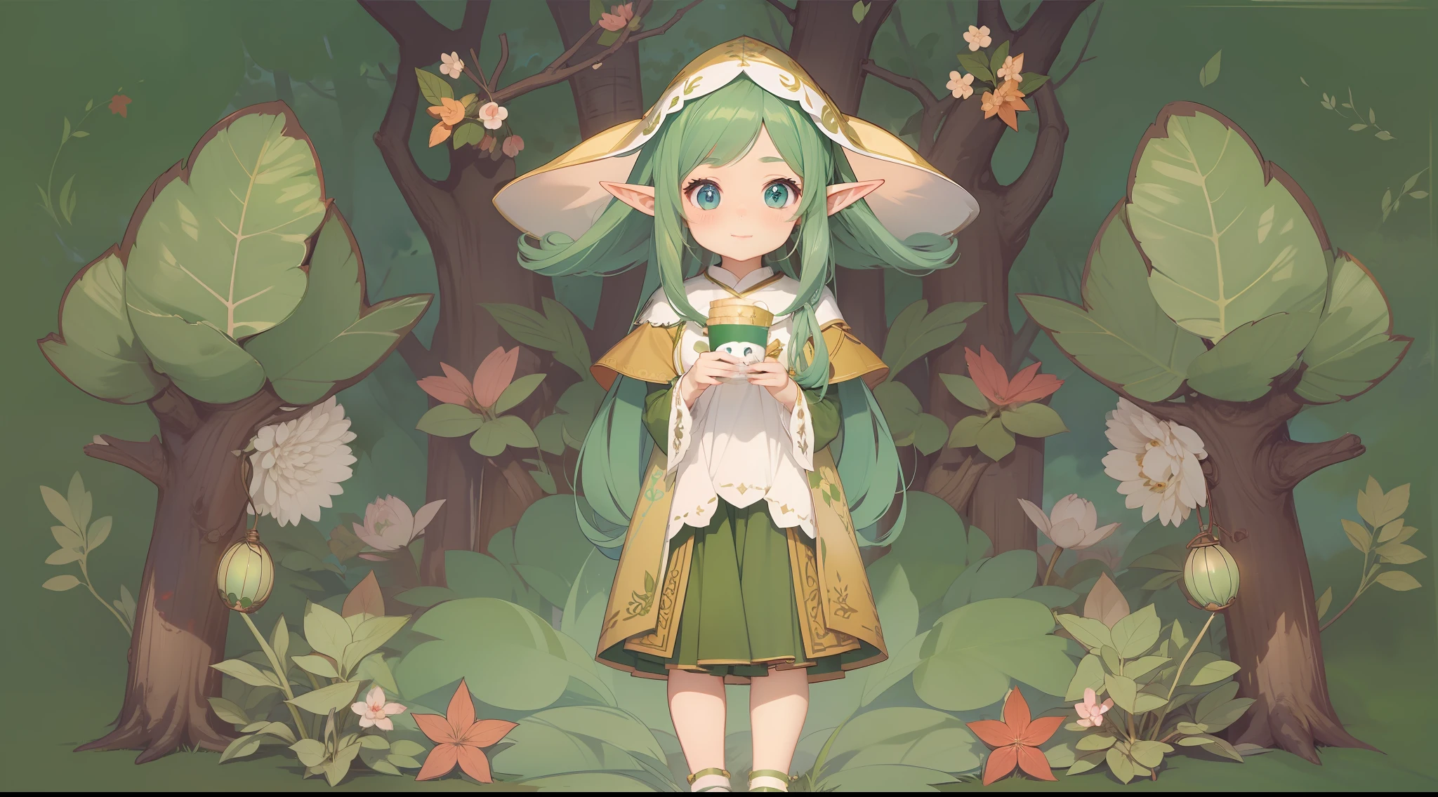 Draw a full body photo of a cute elf girl living in a magical forest。