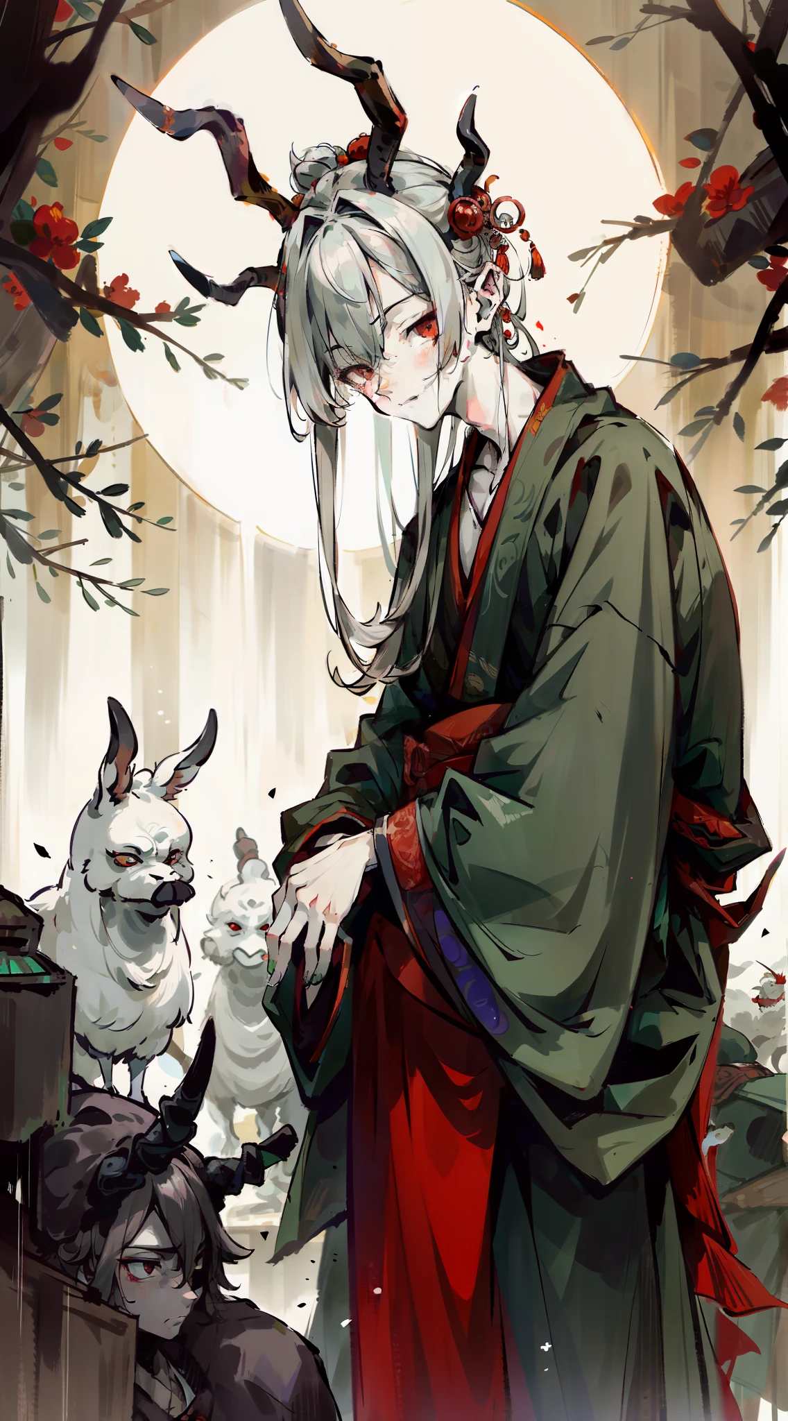 An extremely ugly man,Cover the face,Wearing ancient Chinese robes,has horns on its head,The image of a youkai,Donkeys and chickens next to it,Dark background,dim-lit ambience,dead tree,Spooky atmosphere,best qualtiy,8K
