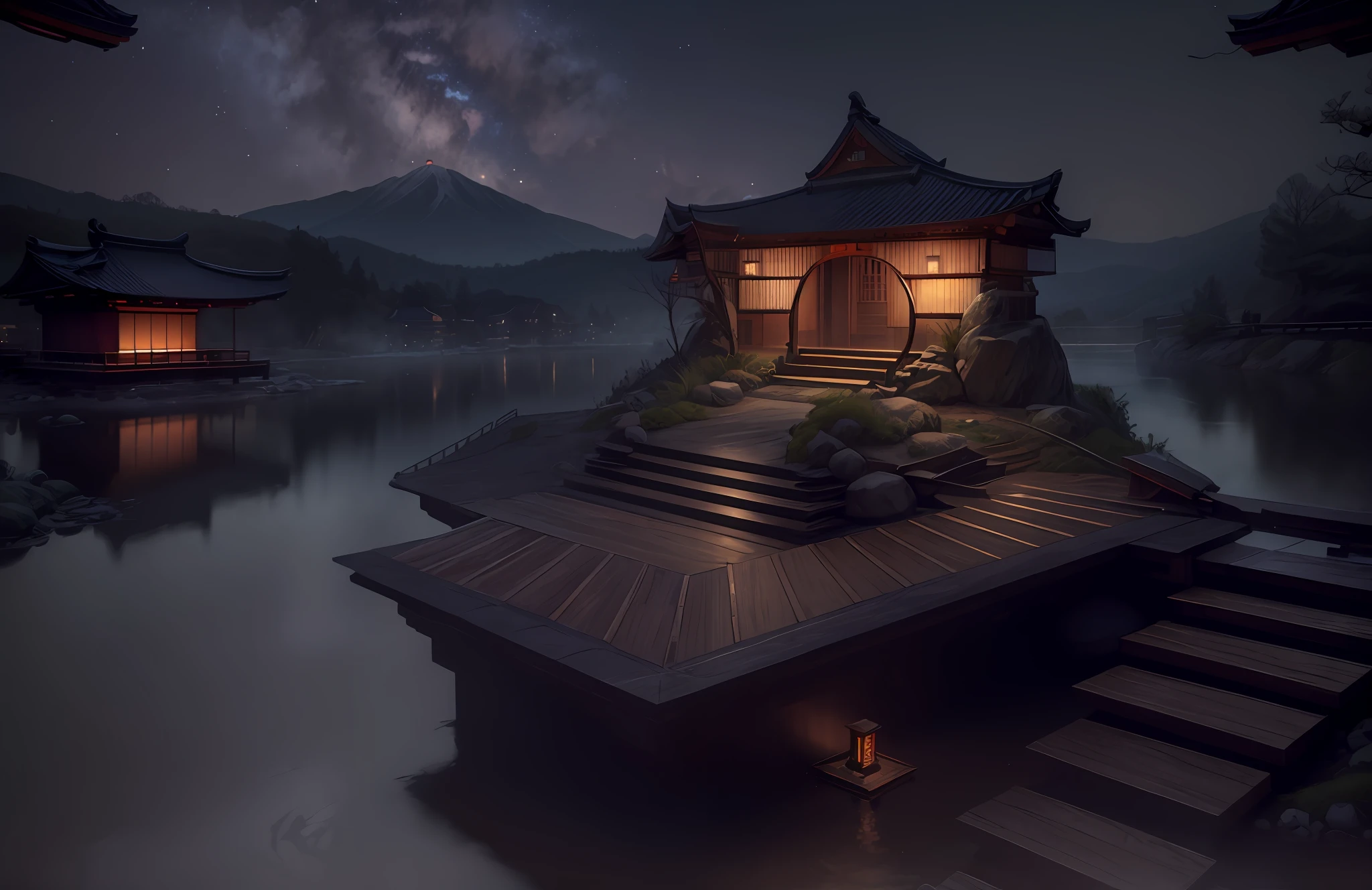 there is a small house on a platform with steps leading to it, japanese bathhouse, night time render, high-end onsen, dojo on a mountain, bathhouse, japanese onsen, onsen, serene evening atmosphere, mysterious temple setting, water temple, 3 d render even lit, mystical setting, submerged temple scene, beautiful screenshot, zen temple background