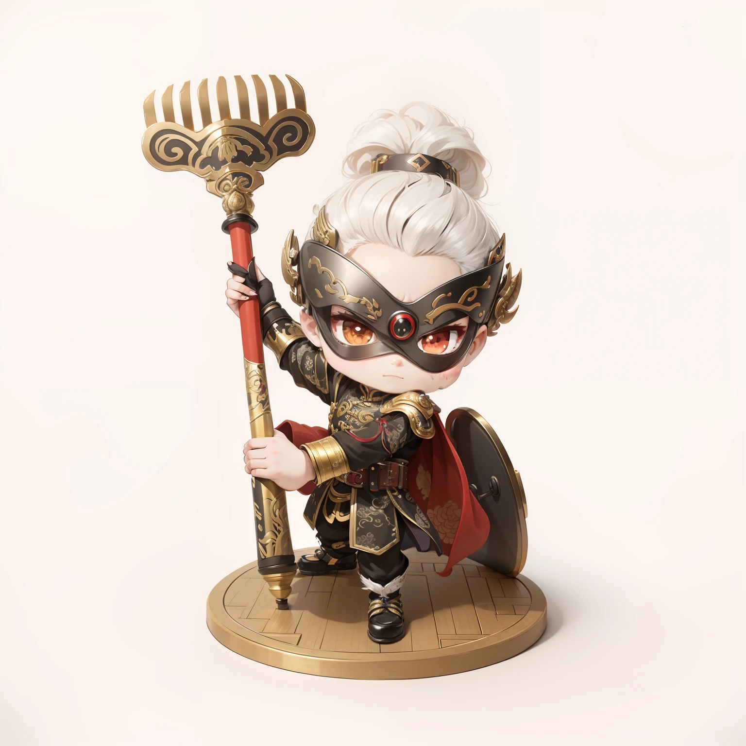 male people,Male characters,Chibi anime characters,Bad,Metal shoulder pads,Shoulder blades,Metal knee pads,Gold-rimmed textured shoes,Nine-toothed nail rake,Nail rake,China-style,Chinese-style clothing,Chinese shoes,There is a beautiful pattern on the grip,Refinement,Fine painting,Refinement,infinite details,high definition detail,Delicate belt,Belt accessories,Male characters,Blindfolds,White color hair,Patterned,Pattern,Blank background,Bright colors,Metal edging