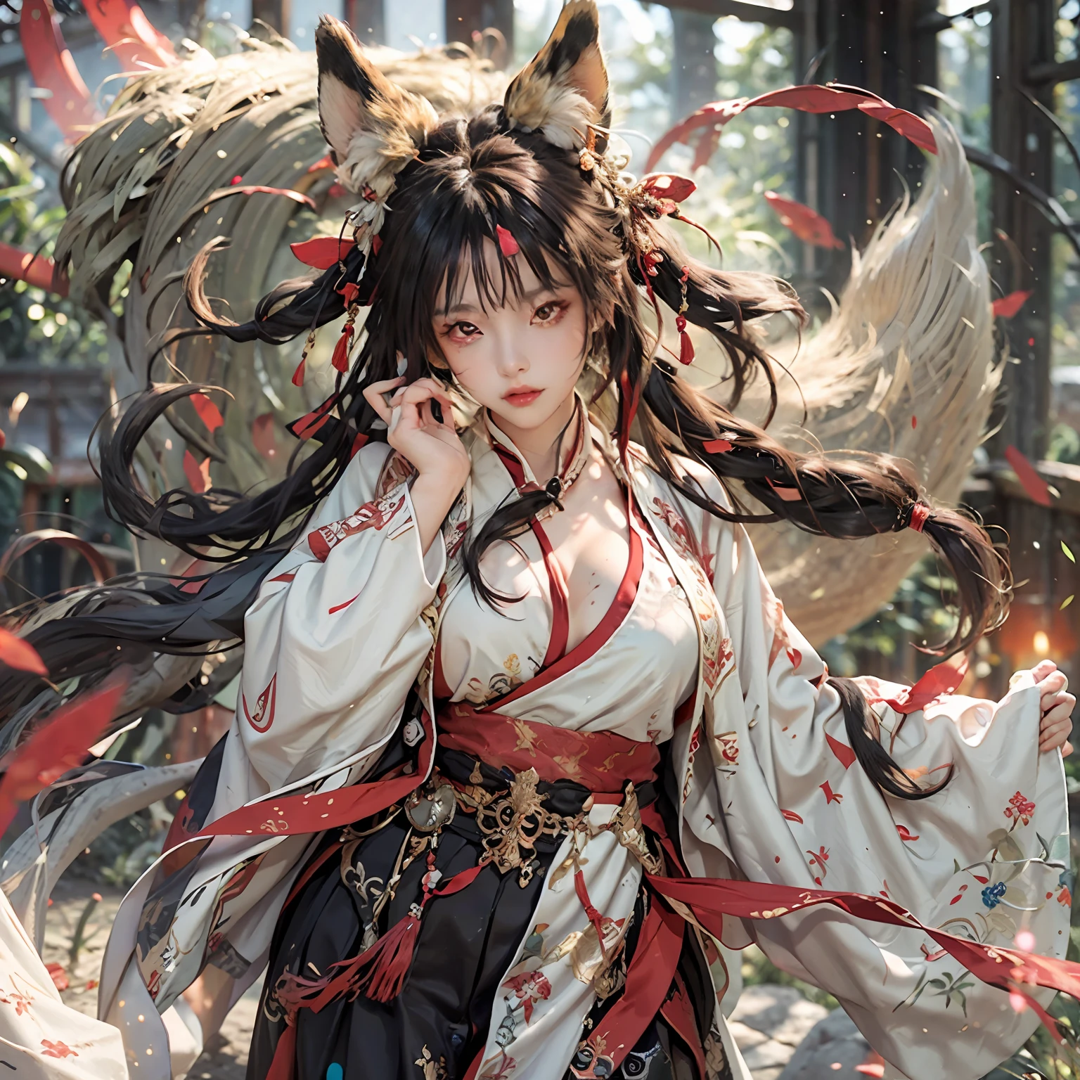(masterpiece), (best quality), 1girl, girl with fox ears, (red glowing eyes), fantasy, sexy, big breast, Hanfu, Han style