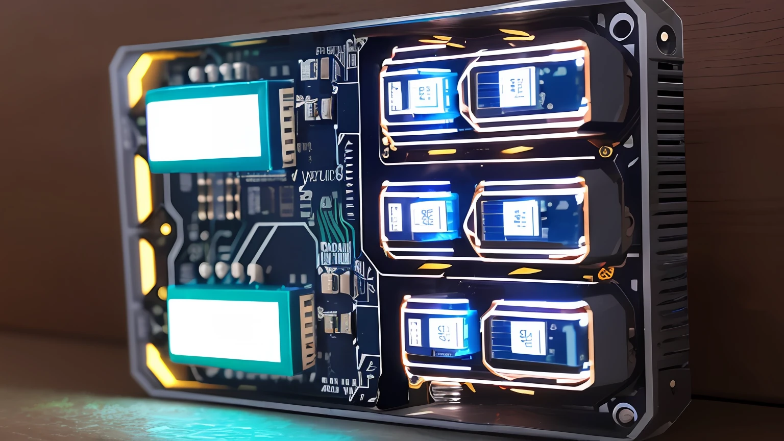 Arduino、A row of LED lights,Marquee、RGB,circuit boards、Realism、The main color is dark blue