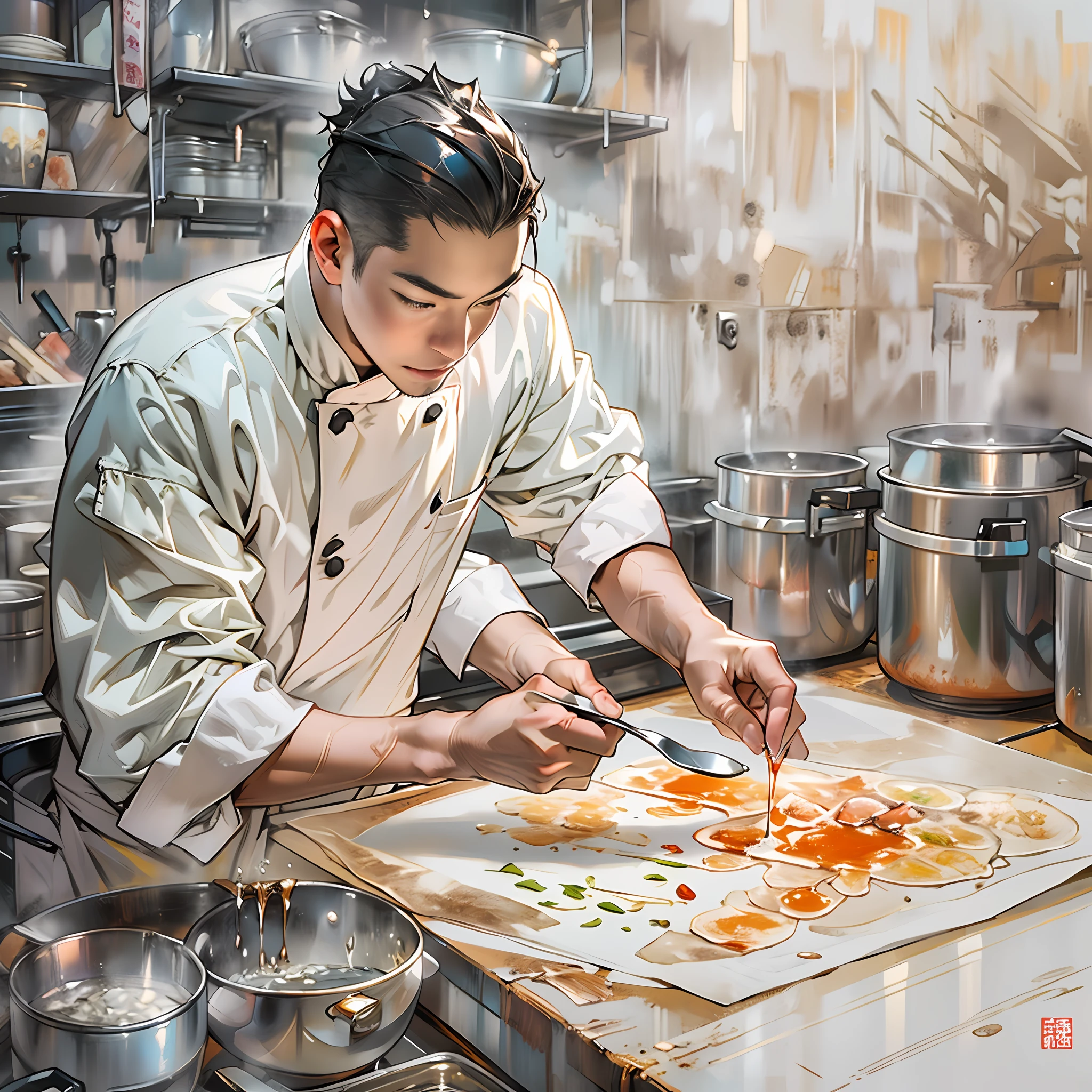 A young handsome male chef is drawing with a spoon dripping syrup on glutinous rice paper ,in the style of the stars art group xing xing, 32K, Best quality, Masterpiece, Super detail, High details,