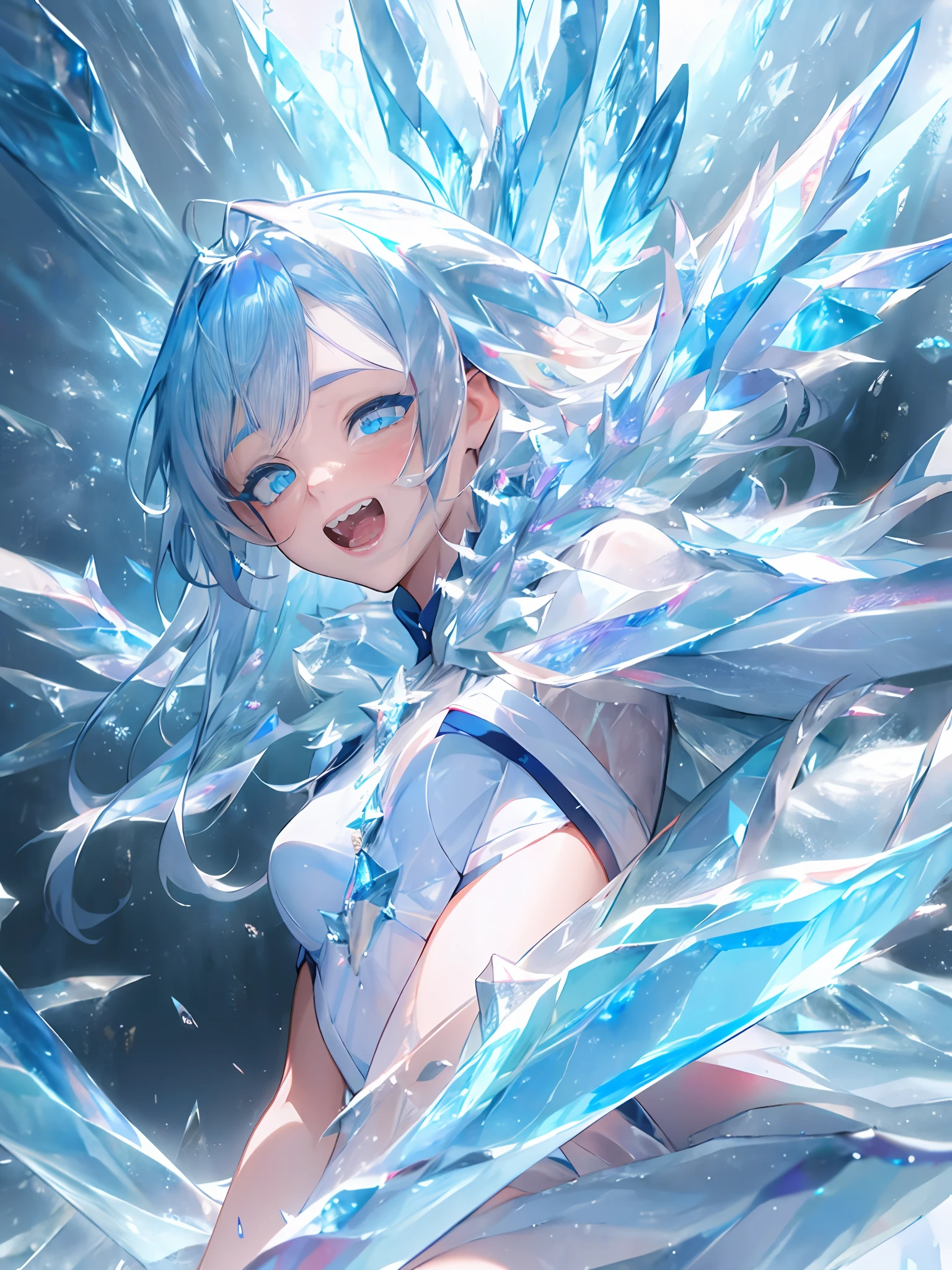 (1girl, solo:1.4), masterpiece, best quality, ultra detailed, highres, extremely detailed CG unity 8k wallpaper, perfect lighting, very detailed background, beautiful and aesthetic,fantasy illustration,(ice effects:2), (anime art:1.5), (portfolio:1.3), A standing in a vast snowy field、lightblue hair、Longhaire、long bangs、Crystal clear beautiful hair、small tits、fur coat, Jagged teeth、Baring teeth and smiling、lifelike face、real looking skin、Large amount of ice、Wings of Ice、(blizzards:1.5)、Ice crystals、high-level image quality、zoom out,