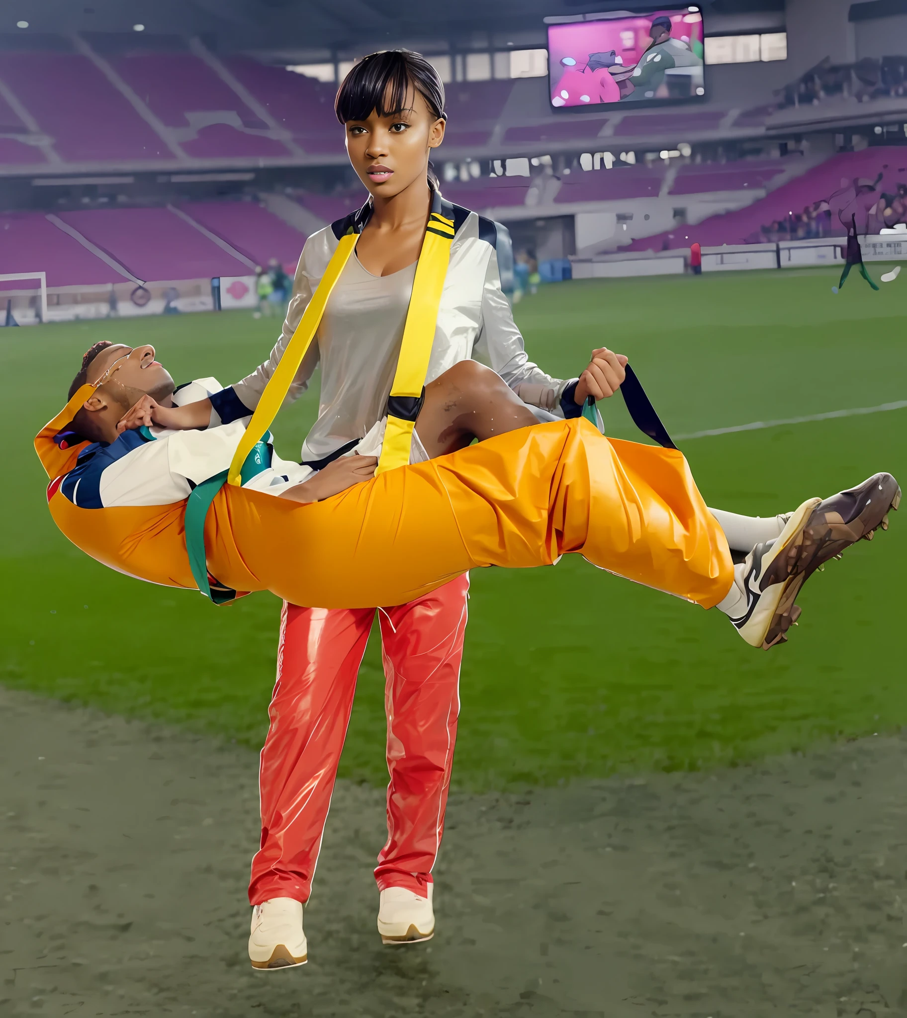 soccer, sports injury, theatralic erotic action, intense erotic scene, erotic pose, a love scene, interracial loving action, erotic, an injured soccer-boy in matte cotton sportswear is rearing up in pain on a stretcher, an injured soccer-boy in matte cotton sportswear is rearing up in pain on a stretcher that is carried by his african girlfriend, there is an attractive african girl in a deep black high-shine biker-jacket, a terrified but attractive african girl is evacuating her injured soccer-boyfriend from a soccer field, an injured soccer-boy in matte cotton sportswear is rearing up in pain on a stretcher while he is evacuated from the field of play by his very attractive african girlfriend, an injured soccer-boy is crying in pain, an attractive african girl in a wet deep black shiny plastic-jacket is giving first aid, dramatic action scene, first aid, injury, pain, agony, helping woman, woman carrying a man, an attractive african girl in a black shiny biker- jacket, an attractive african girl in a wetlook shiny patent-leather-biker-jacket with lipstick and madeup smokey eyes, a consciousless german boy in a cotton shirt and a matte jeans, an attractive african girl with lots of makeup in a very shiny wet black biker-jacket, an attractive african girl is wearing a shiny bikerjacket, an attractive african girl with smokey eyes, an attractive madeup girl in shiny leather with lipstick, an attractive african girl is carrying a german boy, a matte clothed injured boy, a shorthaired boy with cotton t-shirt, a shorthaired boy needs to be carried while wearing matte sportswear