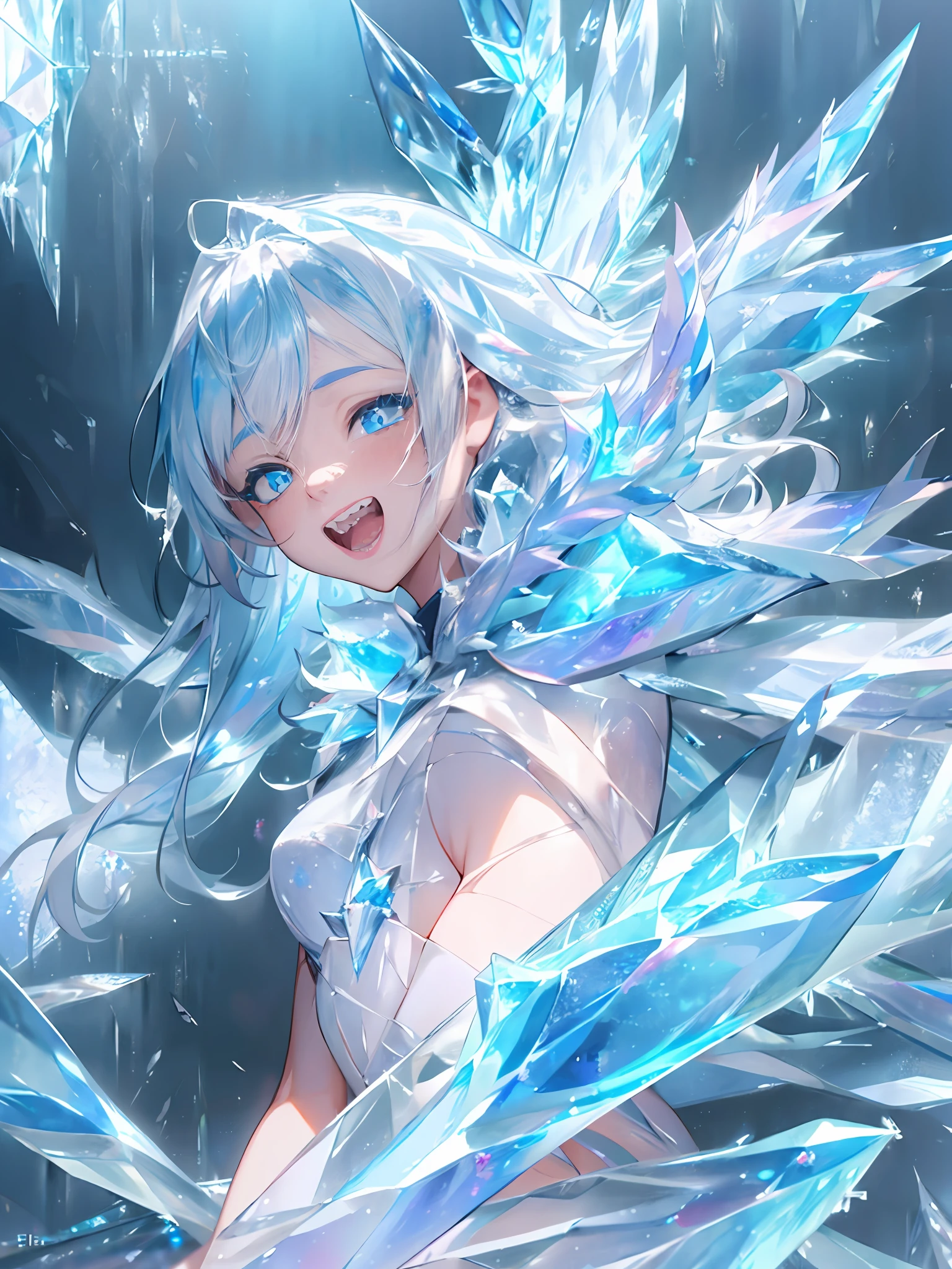 (1girl, solo:1.4), masterpiece, best quality, ultra detailed, highres, extremely detailed CG unity 8k wallpaper, perfect lighting, very detailed background, beautiful and aesthetic,fantasy illustration,(ice effects:2), (anime art:1.5), (portfolio:1.3), A standing in a vast snowy field、lightblue hair、Longhaire、long bangs、Crystal clear beautiful hair、small tits、fur coat, Jagged teeth、Baring teeth and smiling、lifelike face、real looking skin、Large amount of ice、Wings of Ice、(blizzards:1.5)、Ice crystals、high-level image quality、zoom out,