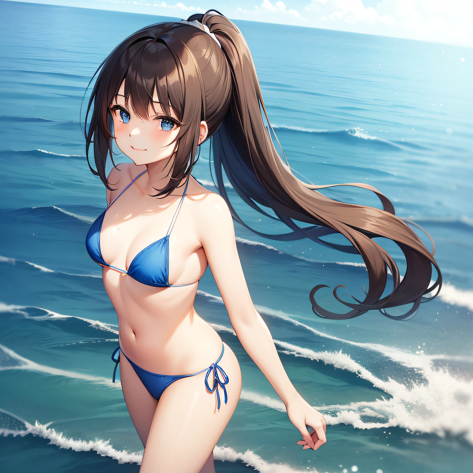 Top quality, very delicate and beautiful, girl, 11 years old, (dark brown hair), blue micro bikini, (ponytail), (white hair band), (brown boots), blue eyes, standing, smiling, sea background