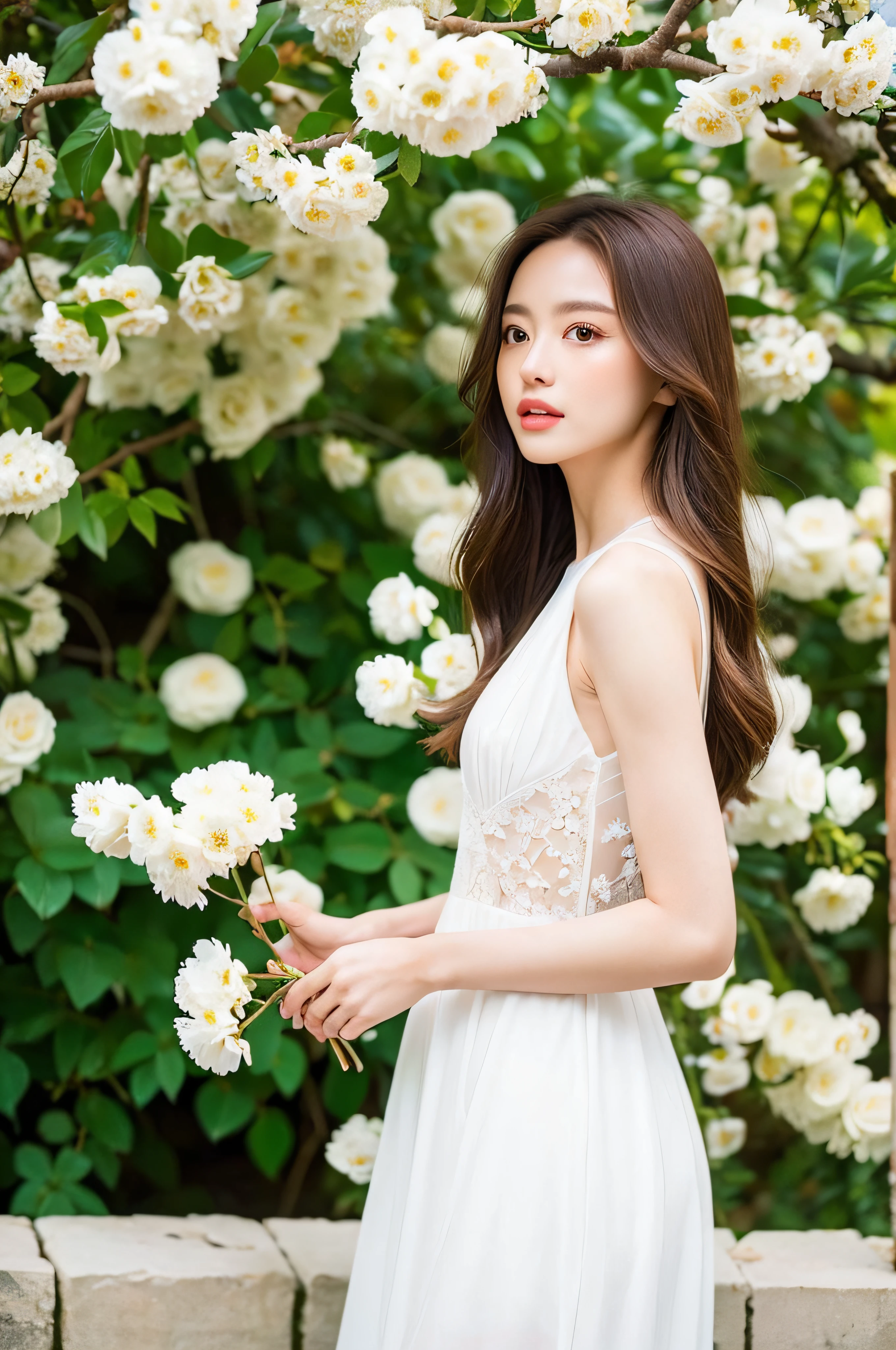 (top-quality、masterpiece:1.2)、(White flowers confused in background and panoramic view:1.3)、Bokeh in the background、Beautiful to bring your face close to the flowers and smell them21Year Beauty、Beautiful hair tousled by the wind、portlate、White Dress、outside of house、Diffusion of light