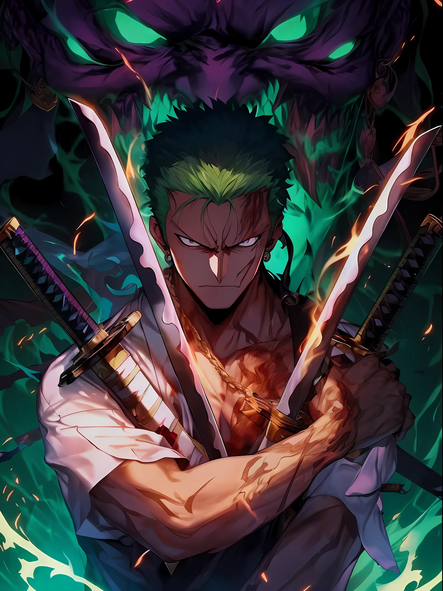 Two swords in front of anime characters and demons， Jorakor Mihawk， badass anime 8 k， Anime epic artwork， 4 k comic wallpaper， Anime wallpapers 4 k， anime wallpaper 4k， 4k anime wallpaper， anime wallaper， anime art wallpaper 4k， Anime art wallpaper 4 K， Anime masterpiece， Anime style 4 K， Anime art wallpaper 8 K