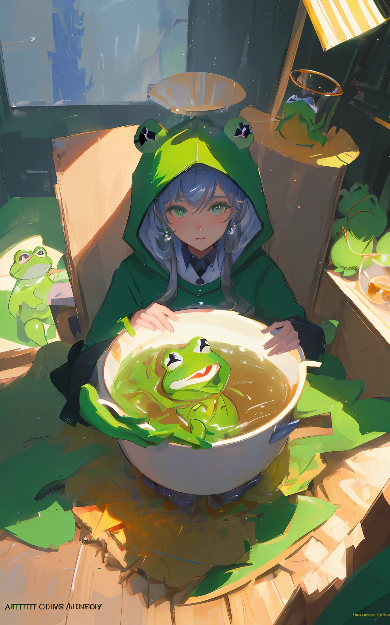 High Quality portrait Portrait of Kermit the Frog and Kermit the frog drinking tea together, artstation, concept art, smooth, sharp focus, illustration, art by artgerm and donato giancola and Joseph Christian Ley regularly featured on