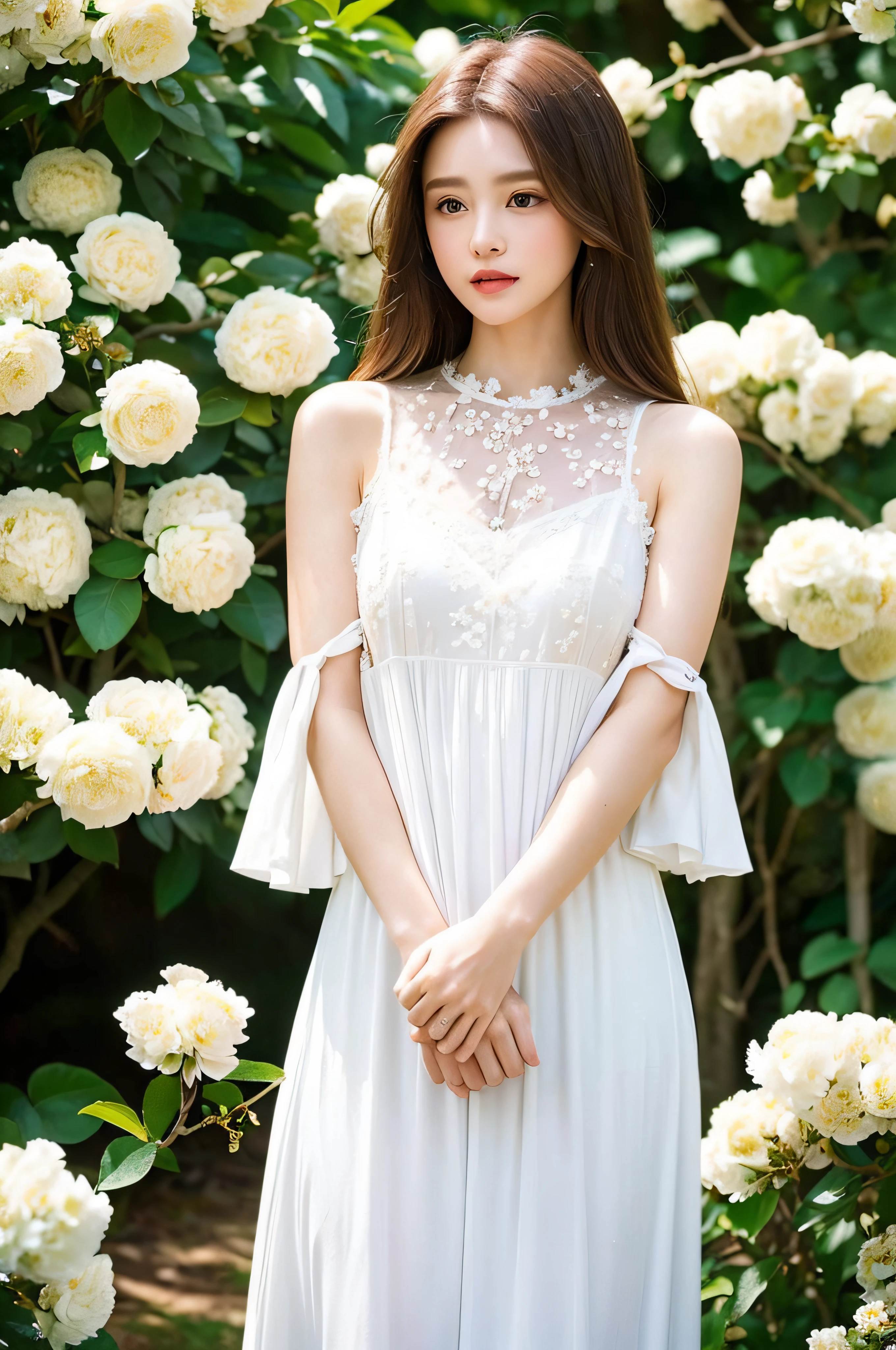 (top-quality、masterpiece:1.2)、(White flowers confused in background and panoramic view:1.3)、Bokeh in the background、Beautiful to bring your face close to the flowers and smell them21Year Beauty、Beautiful hair tousled by the wind、portlate、White Dress、outside of house、Diffusion of light