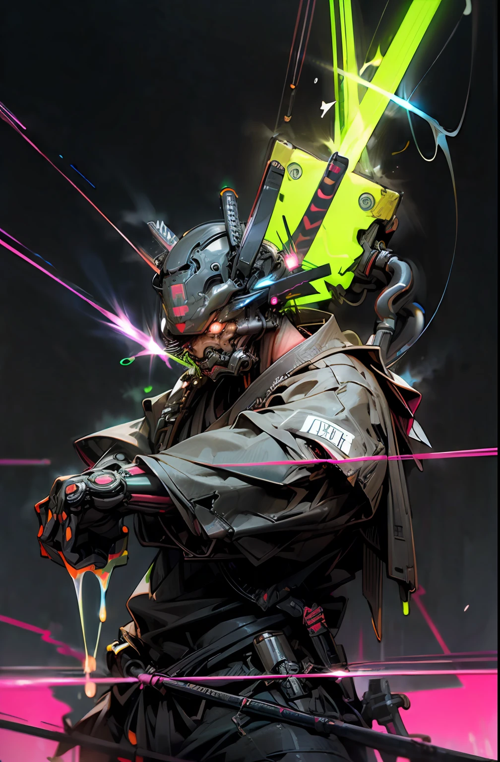 (destroyed body:1.6)、helmets、gas masks、(Opening Mouth:1.5)、(Neon liquid jetting:1.5)、(neon wiring:1.2)、(Samurai costume:1.3)、Poses、Irridescent color、cyberpunked、1man、Mechanical Marvel、droid