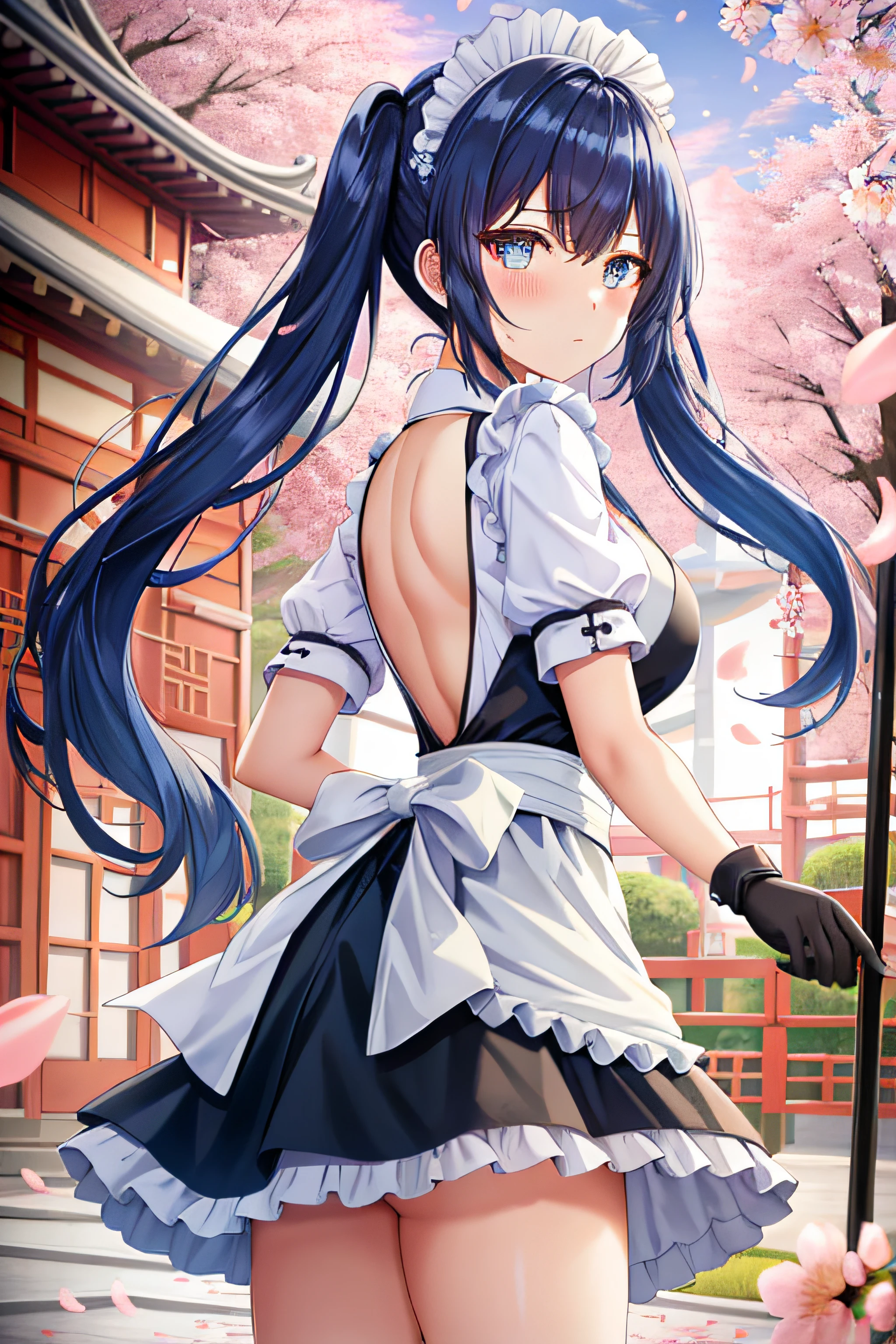 torino aqua, highres, 1girl, blue hair, twin tails hair, gold eyes, suit, maid apron, looking back, from behind, looking at viewer, light frown, ((glowing eyes)), no breasts, black gloves, day, clouds, cherry blossoms, ((falling petals)), east asian architecture,