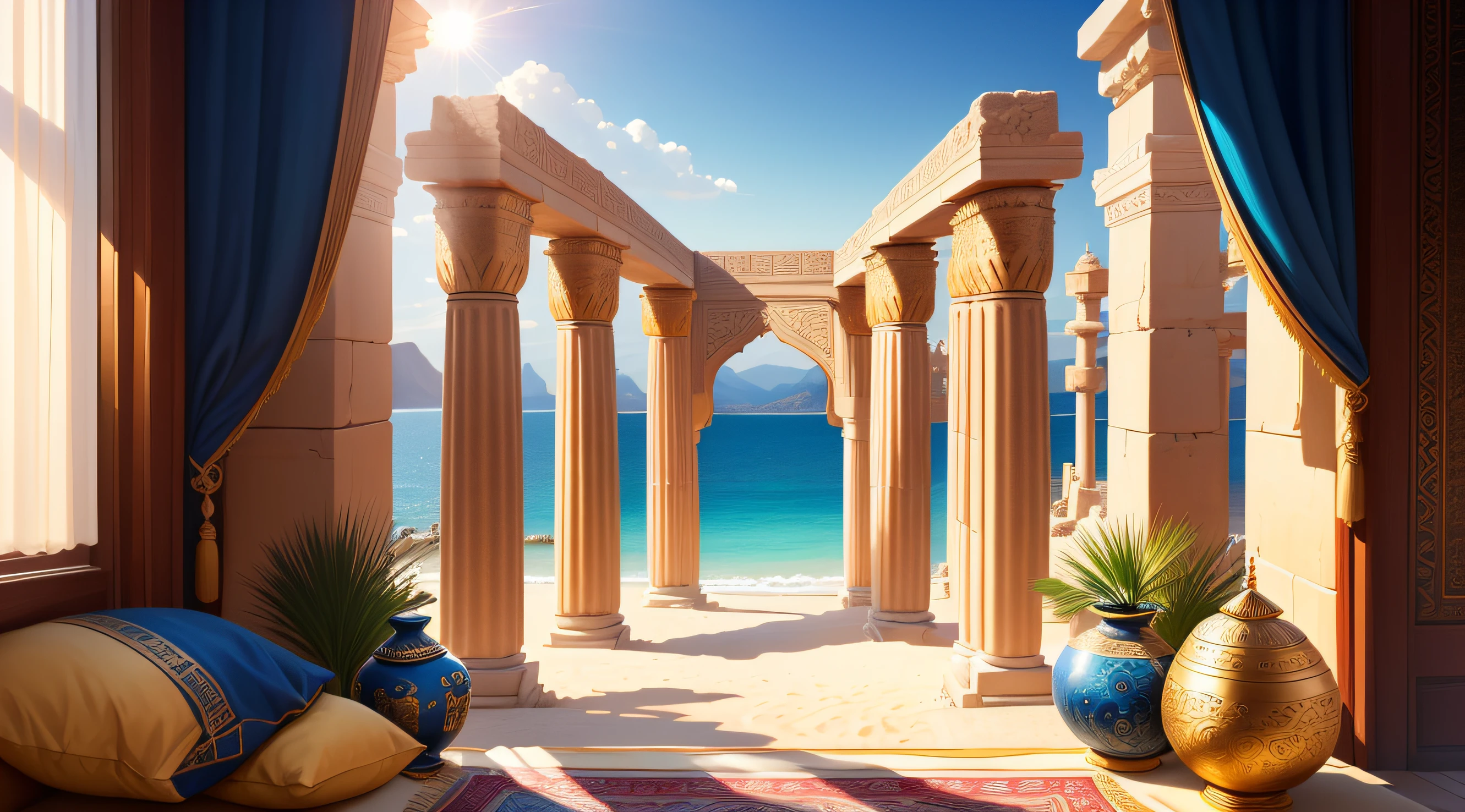 tmasterpiece，best qualtiy，（very detailed CG unit 8k wallpaper）（best qualtiy），（Most Best Illustration），（best shadow）Persian civilization，Ancient Persian stone pillars， 夏天， suns， the ocean， sea beach，palaces，Soft curtains，boudoir，Ray traching，ultra - detailed