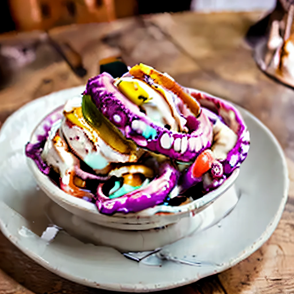RAW photo of ice cream with (tentacles:1.3) , lumps, sloppy,  foodphoto, dslr, soft lighting, high quality, film grain, Fujifilm XT